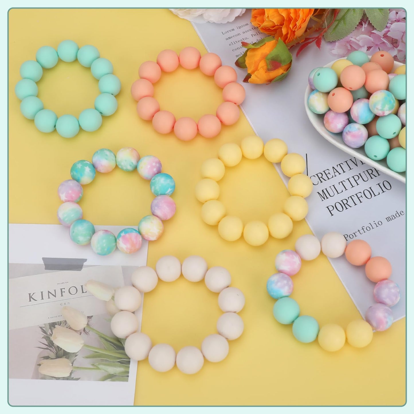 SALUOKE 100 Pcs 15mm Silicone Beads for Keychain Making, Pink Gream Silicone Beads Bulk Round for Bracelets Pens Crafts Jewelry Making (Orange Yellow)