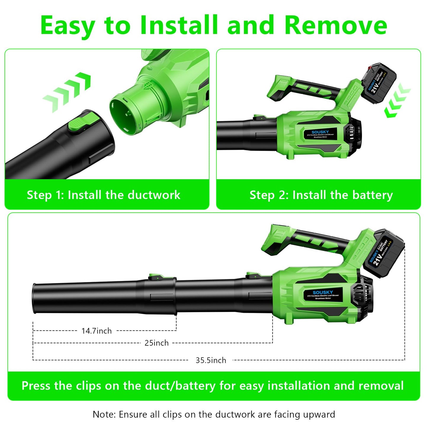 SOUSKY Leaf Blower Cordless, Battery Leaf Blower with 2 * 6.0Ah Batteries and Charger, 21V Brushless Electric Leaf Blowers with 5 Speed Levels and Turbo Mode for Lawn Care,Blowing Leaves,Yard Cleanup