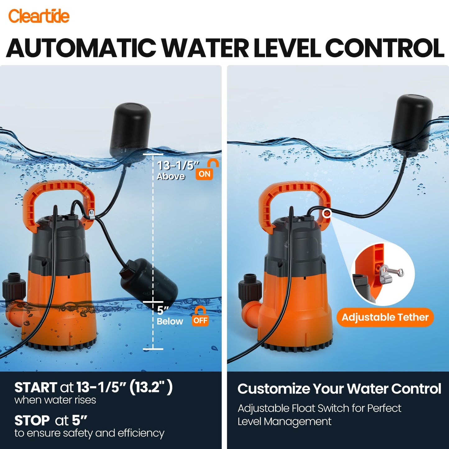 Cleartide Submersible Sump Pump with Tethered Float Switch, 1/4 HP Utility Water Pump,100% Copper Motor, Electric Drain Pump Handles 1/8" Solids, 10 FT Cord