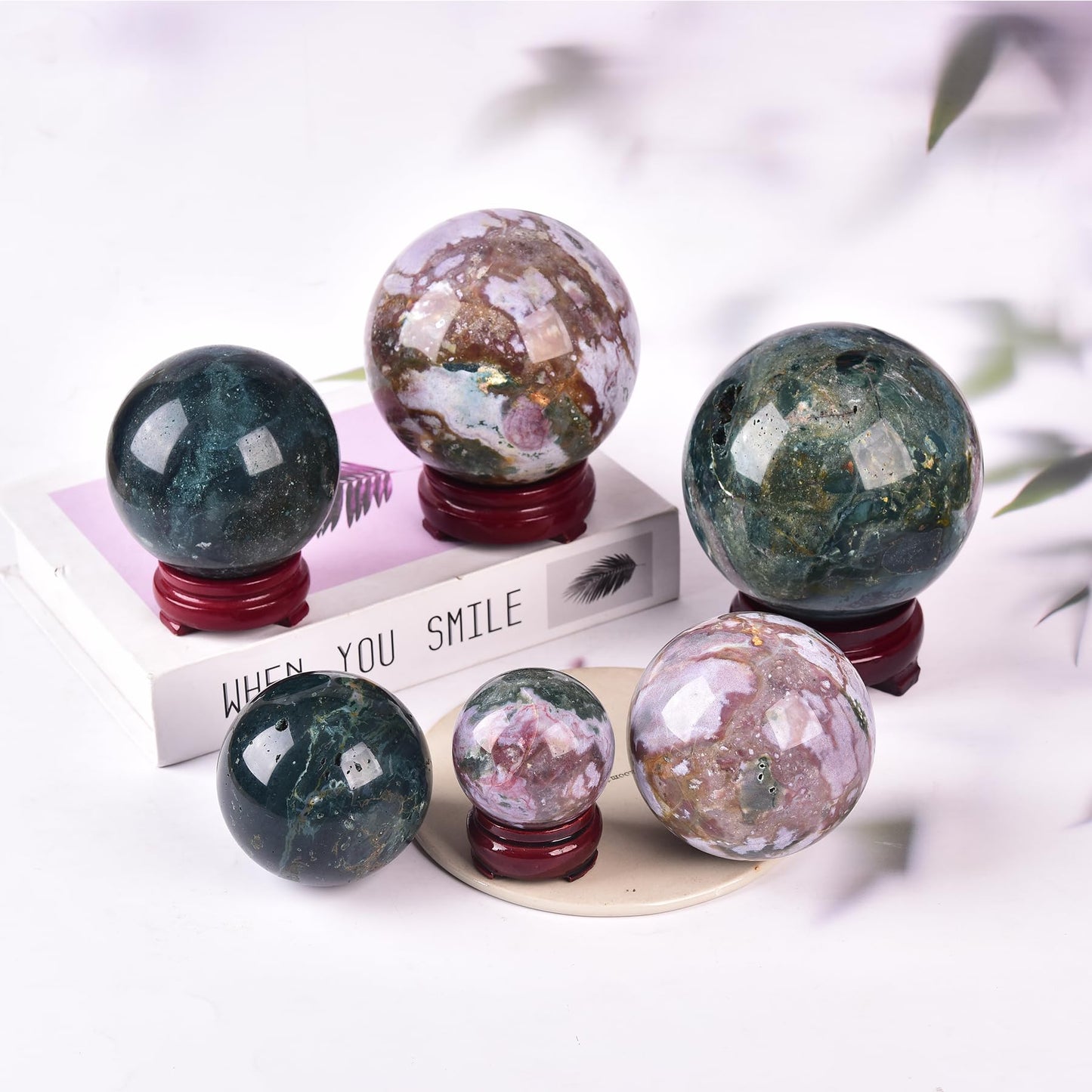 JIC Gem Ocean Jasper Crystal Ball with Wooden Stand Healing Crystal Sphere Ball for Feng Shui Decor Spiritual Gifts 70-80mm