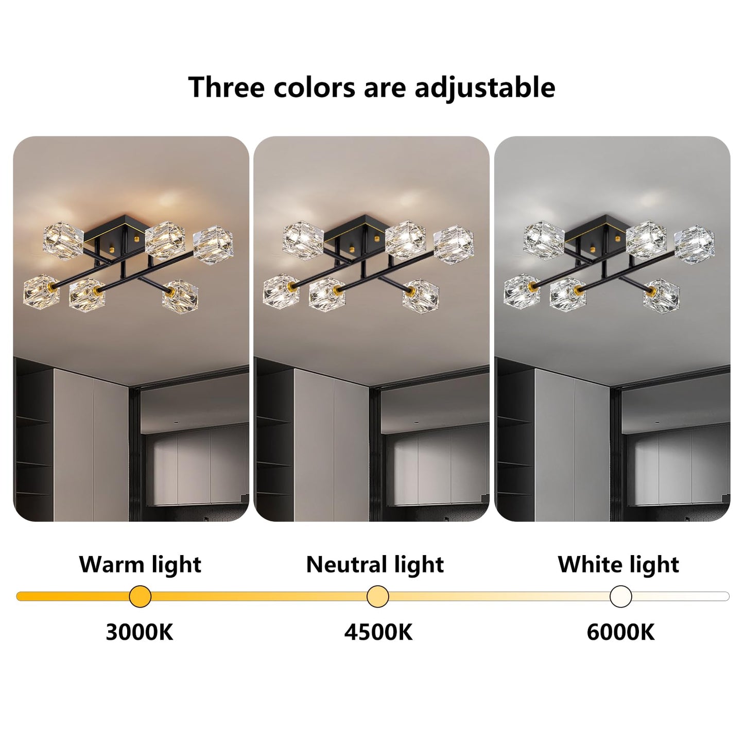 Semi Flush Mount Ceiling Light Fixture,6-Light Modern Crystal Chandeliers,Black and Gold Farmhouse Lighting Fixtures for Dining Room Living Room Kitchen Bedroom Entryway