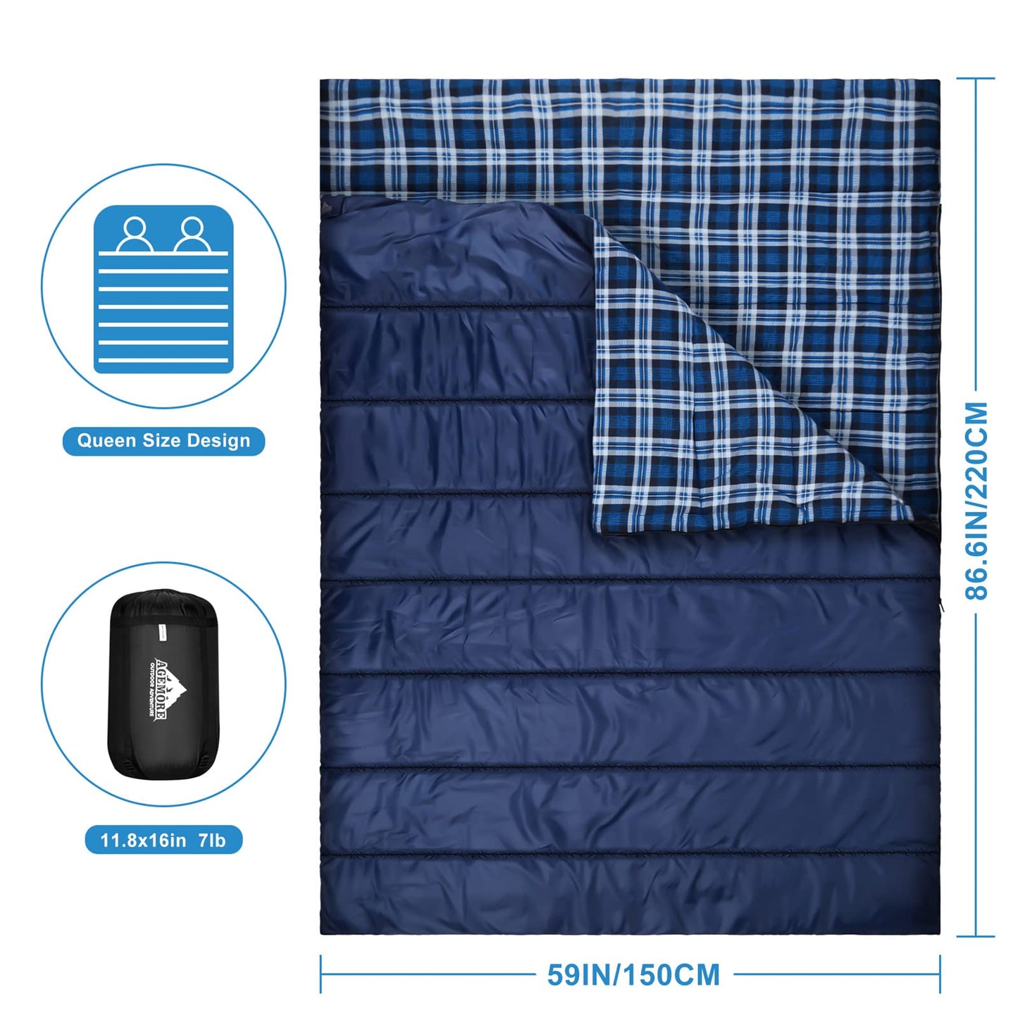 AGEMORE Cotton Flannel Double Sleeping Bag for Camping, Backpacking Or Hiking. Queen Size 2 Person Waterproof Sleeping Bag for Adults Or Teens. Lightweight with Compression Sack