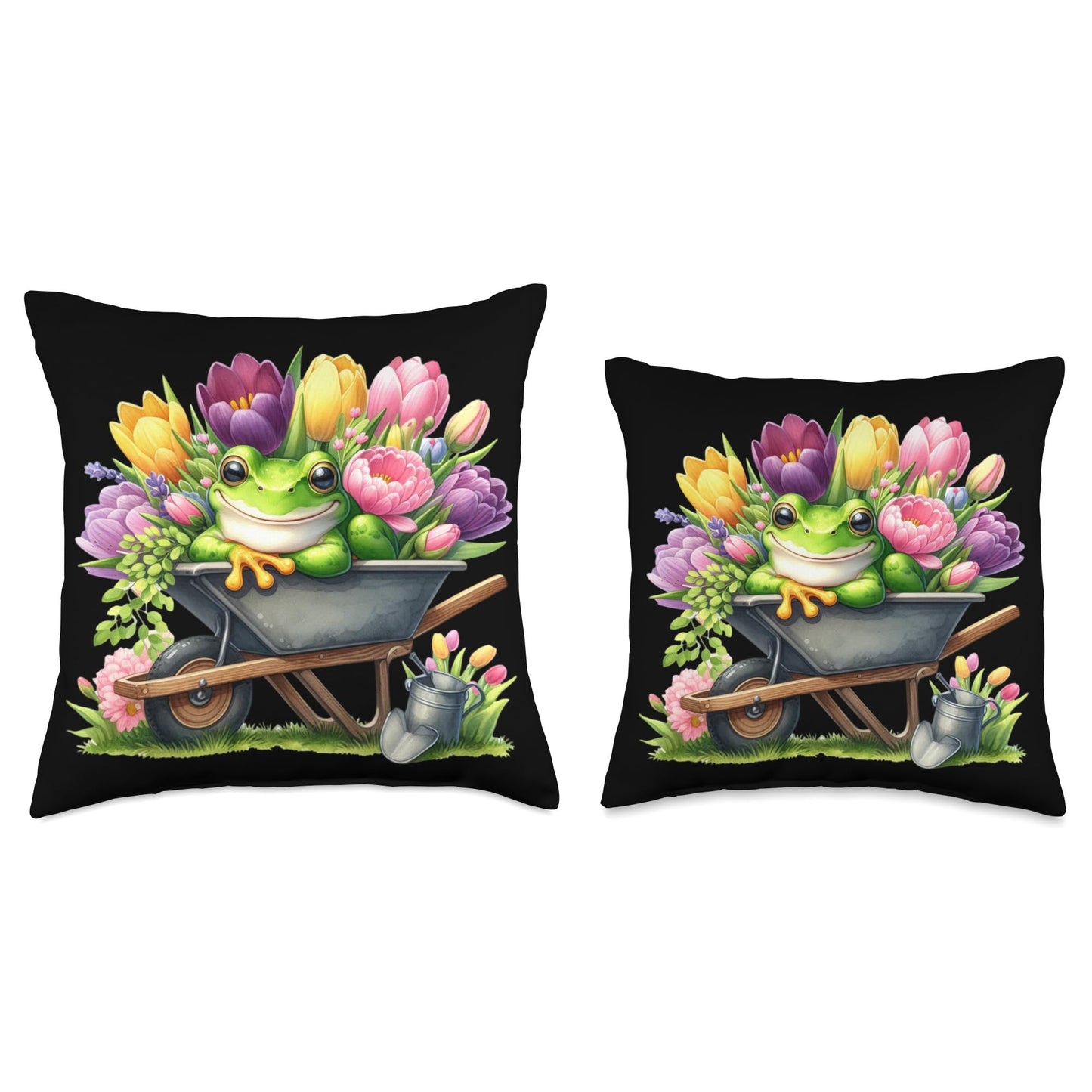 Frog Wheelbarrow Garden Flowers Gardening Frog Aesthetic Throw Pillow
