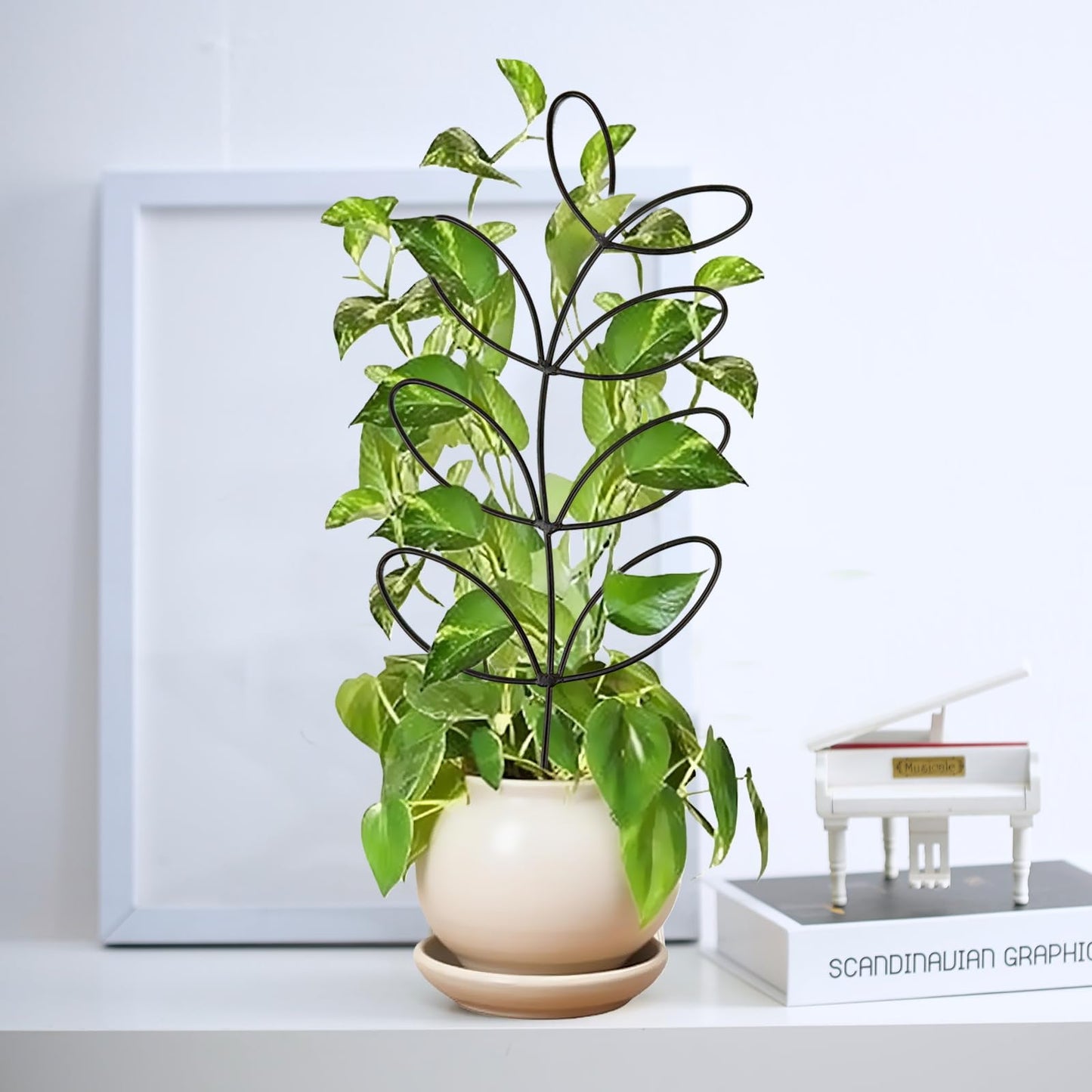 2 Pack 14.6 Inch Plant Trellis Indoor for Climbing Plants with 50 Plant Ties, Small Metal Garden Trellis for Potted Plants, Leaf Shaped Support for Ivy Hoya Pothos Monstera Houseplants