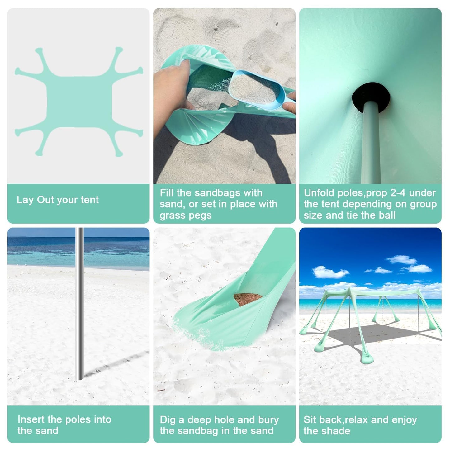 Ahititi Beach Tent Sun Shelter Beach Canopy Tent Sun Shade Pop Up 10x10 UPF50+ with 8 Sandbags-2 Sand Shovel-Portable 4 Aluminum Poles-Ground Pegs-Easy Setup for Outdoor Family Camping Fishing Picnic