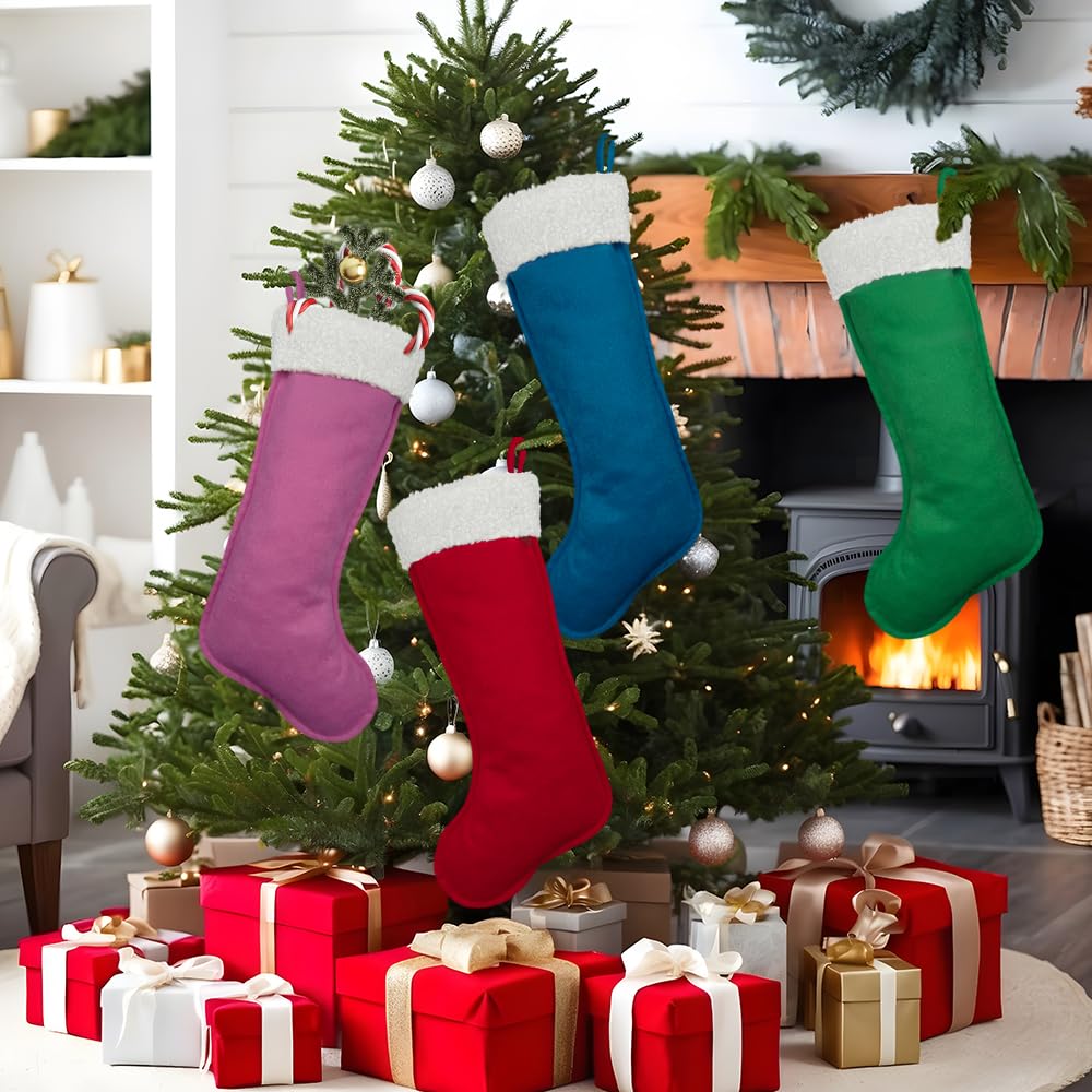 LinaGarten 4 Pack Christmas Stockings 20 Inches Large Merry Christmas Stocking Holiday Party Decor Hanging Tree Fireplace Mantle Ornaments Decorations (4, Multi-Large)