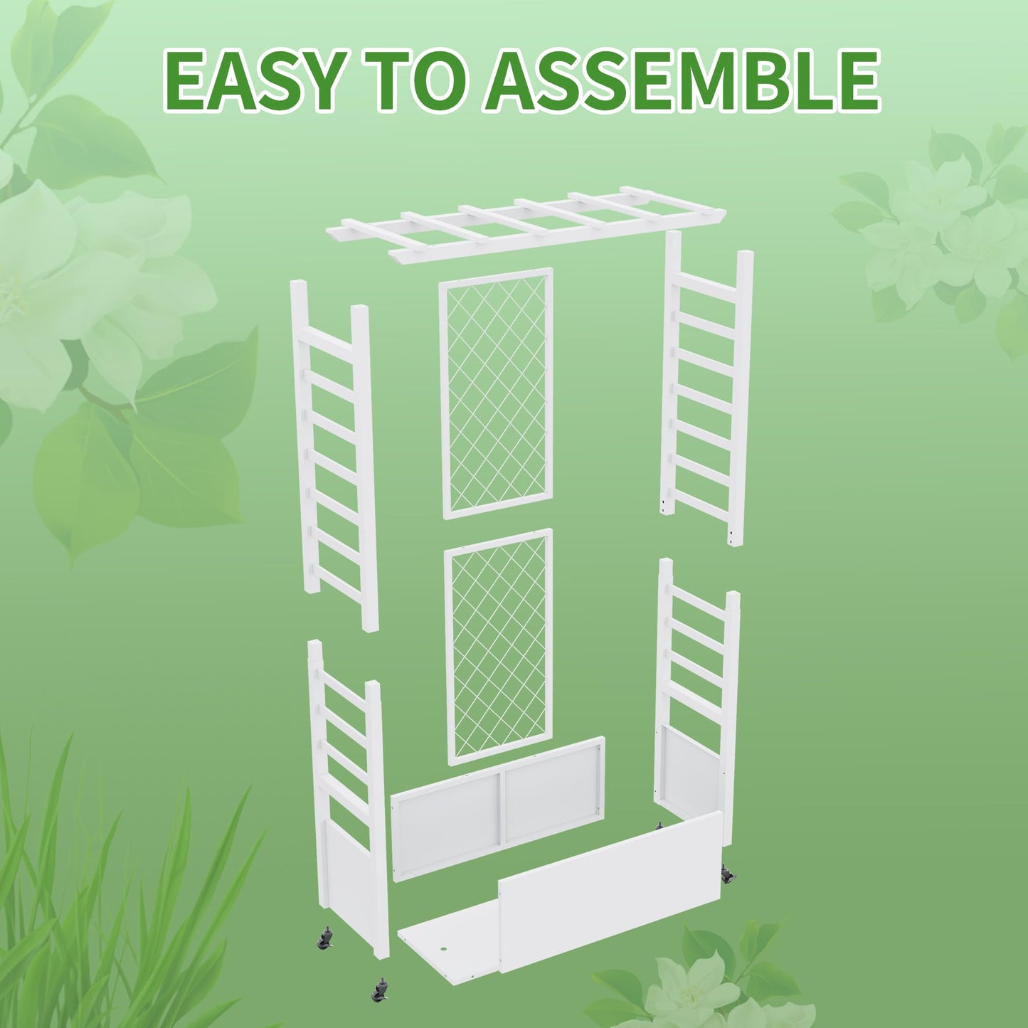 Sunnibety Raised Garden Bed with Trellis & Hanging Roof, Weatherproof Metal Planter Box with Wheels, Garden Arch Trellis for Outdoor Climbing Plants Vines Flowers, 74" H x 44" L x 17" W, White