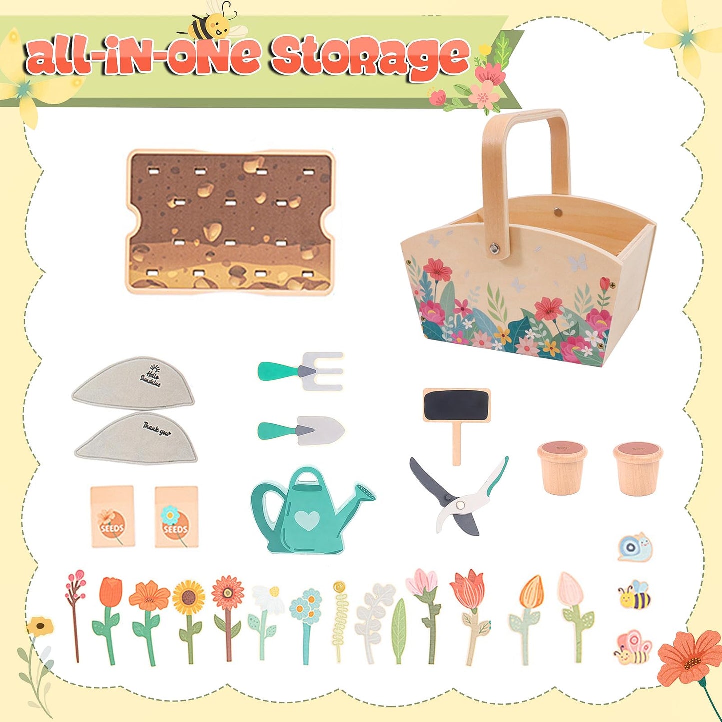 Wooden Pretend Play Toy Gardening Box-30 Pieces Wood Flower & Garden Tool Sets for Toddler 3 4 5 6 Year Old,Kids Educational Learning Toy,Girls Birthday Gift