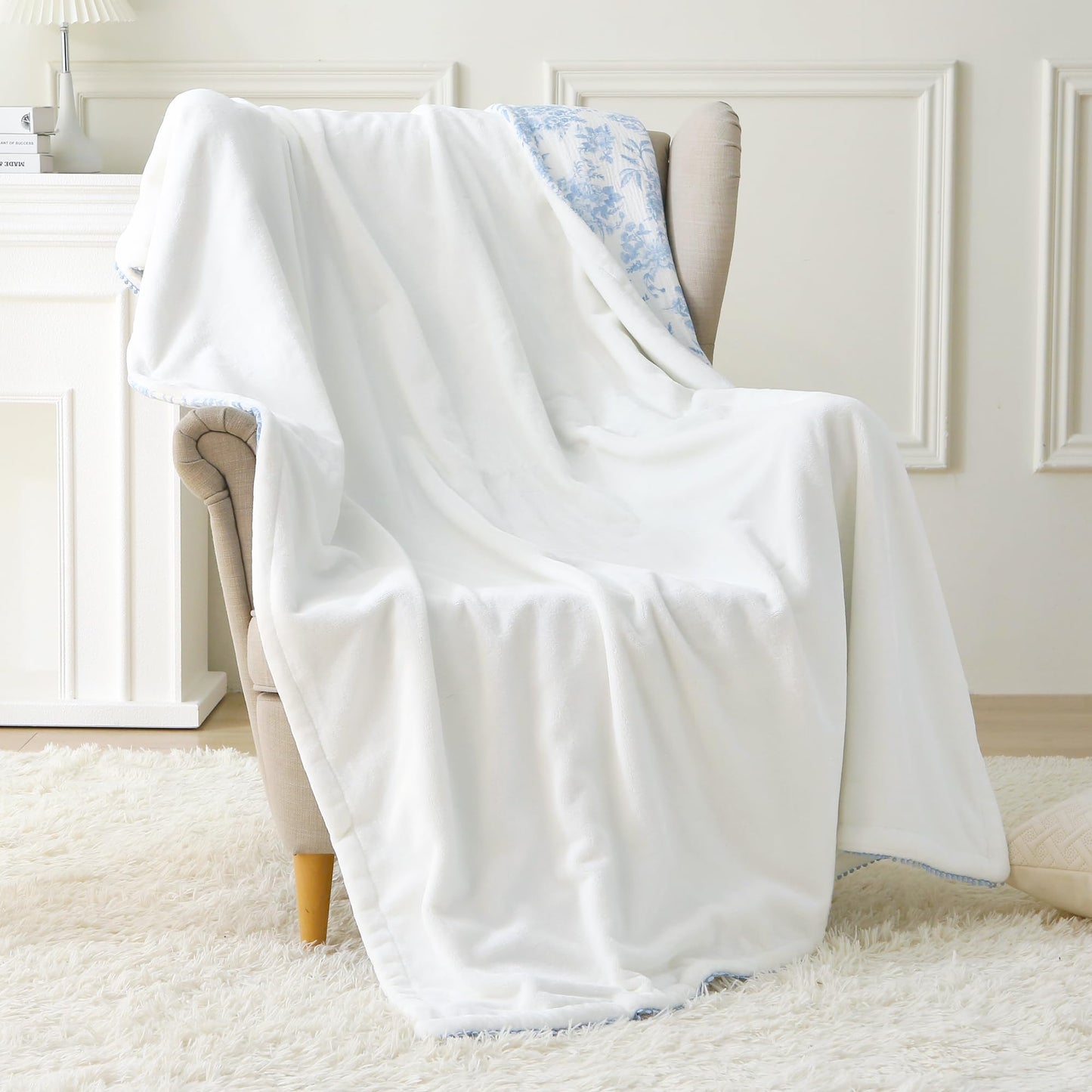 Viviland Fleece Throw Blanket Reversible Muslin Blankets, Soft Throw Blanket for Couch and Bed, Breathable Quilt Bedspread, Gauze Bedding for Adults, Large 50x70 inch, Blue Nerrah