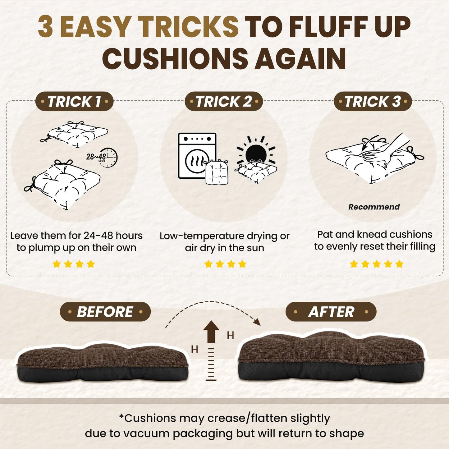 downluxe Indoor Chair Cushions for Dining Chairs, Tufted Overstuffed Textured Foam Kitchen Chair Pads with Ties and Non-Slip Backing, 15.5" x 15.5" x 4", Brown, 4 Pack