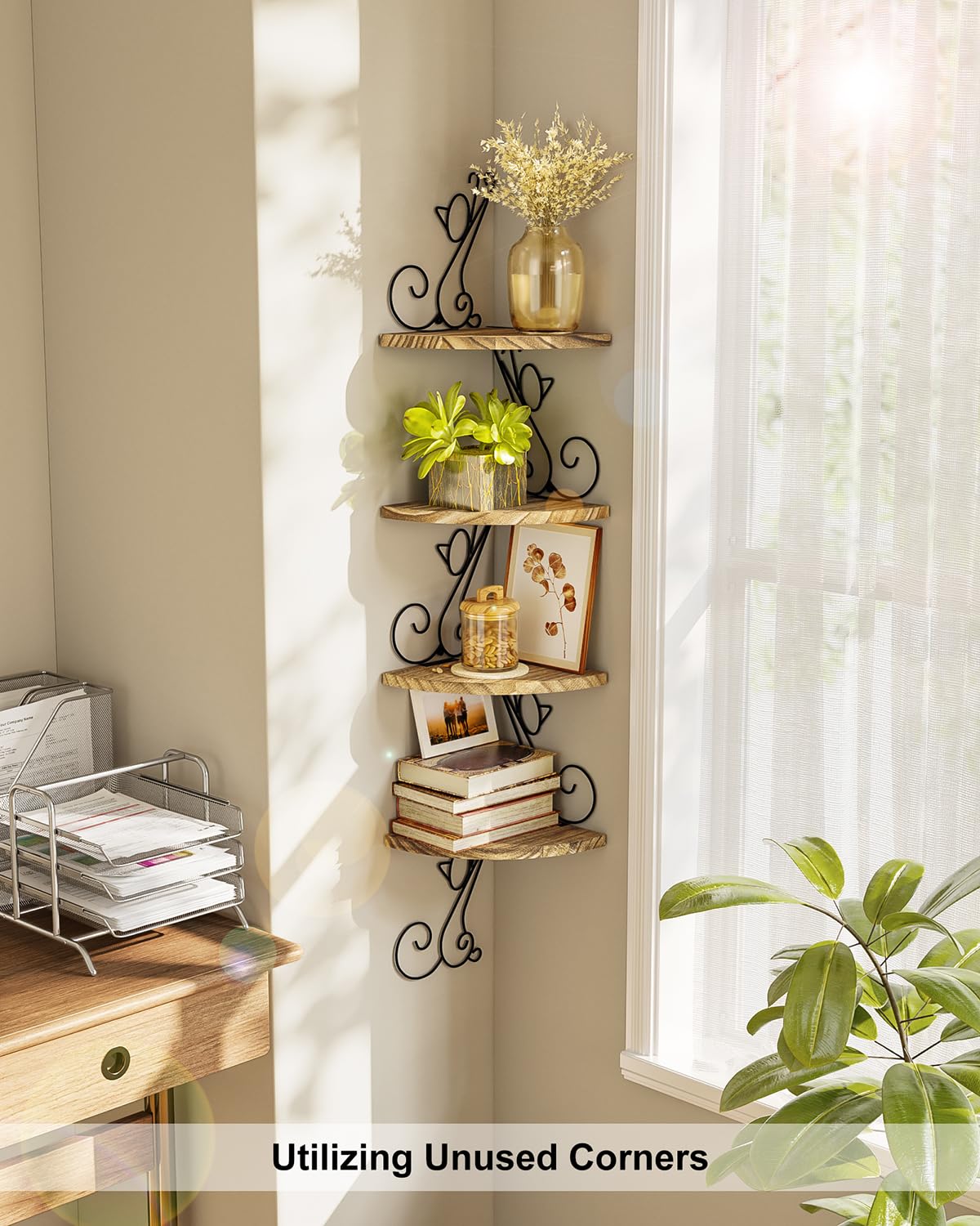 Alsonerbay Wall Mount Corner Shelves 4 Tier Floating Corner Storage Wood Shelves Decorative Rustic Radial Shelf in Cat Shape Carbonized Black