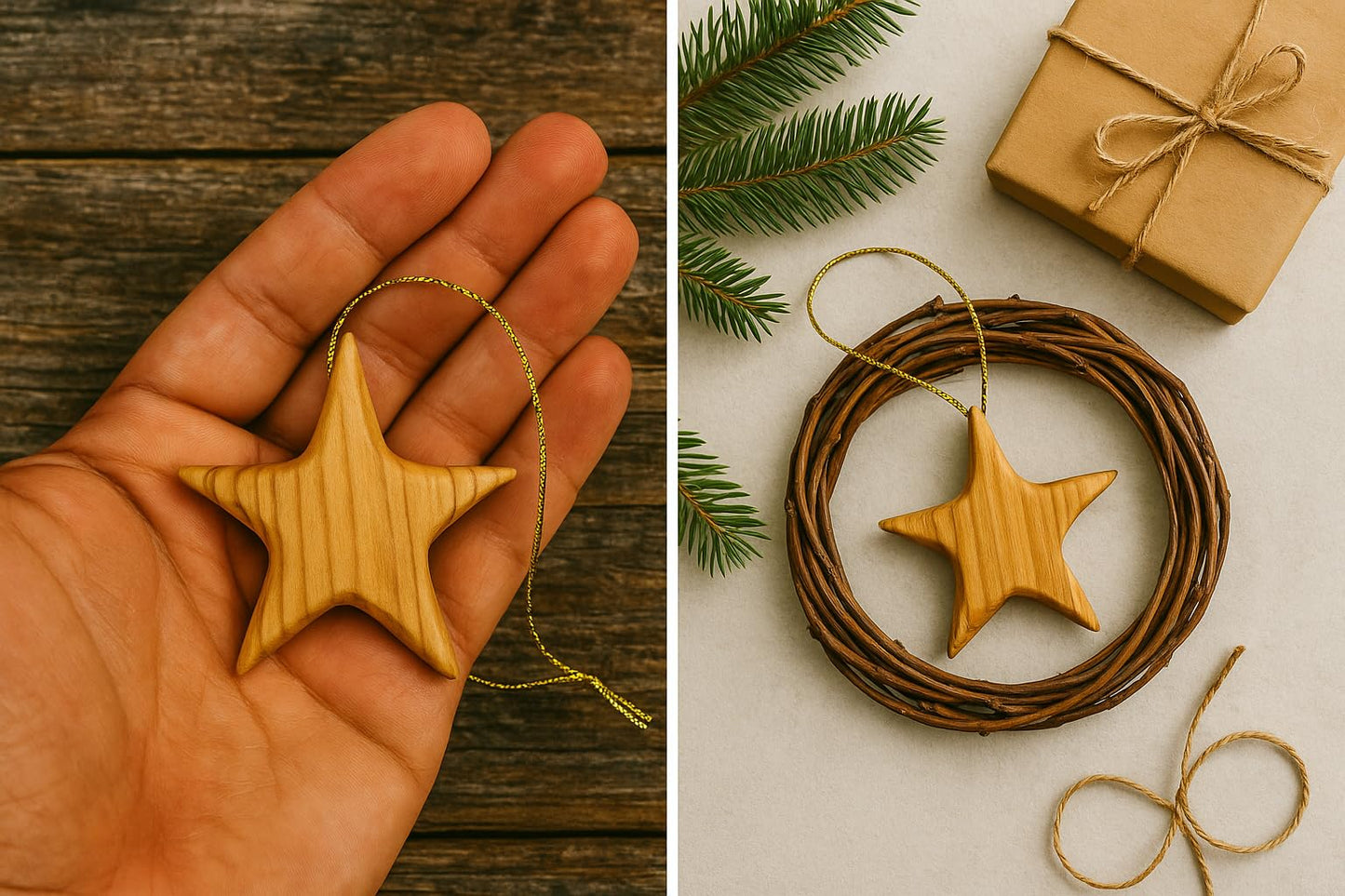 Handcrafted Olive Wood Star Ornament - Unique 2.56āx2.76ā Eco-Friendly Christmas Tree Decor, Authentic Mediterranean Craft, Sustainable Holiday Decoration, Perfect Eco Gift for Christmas