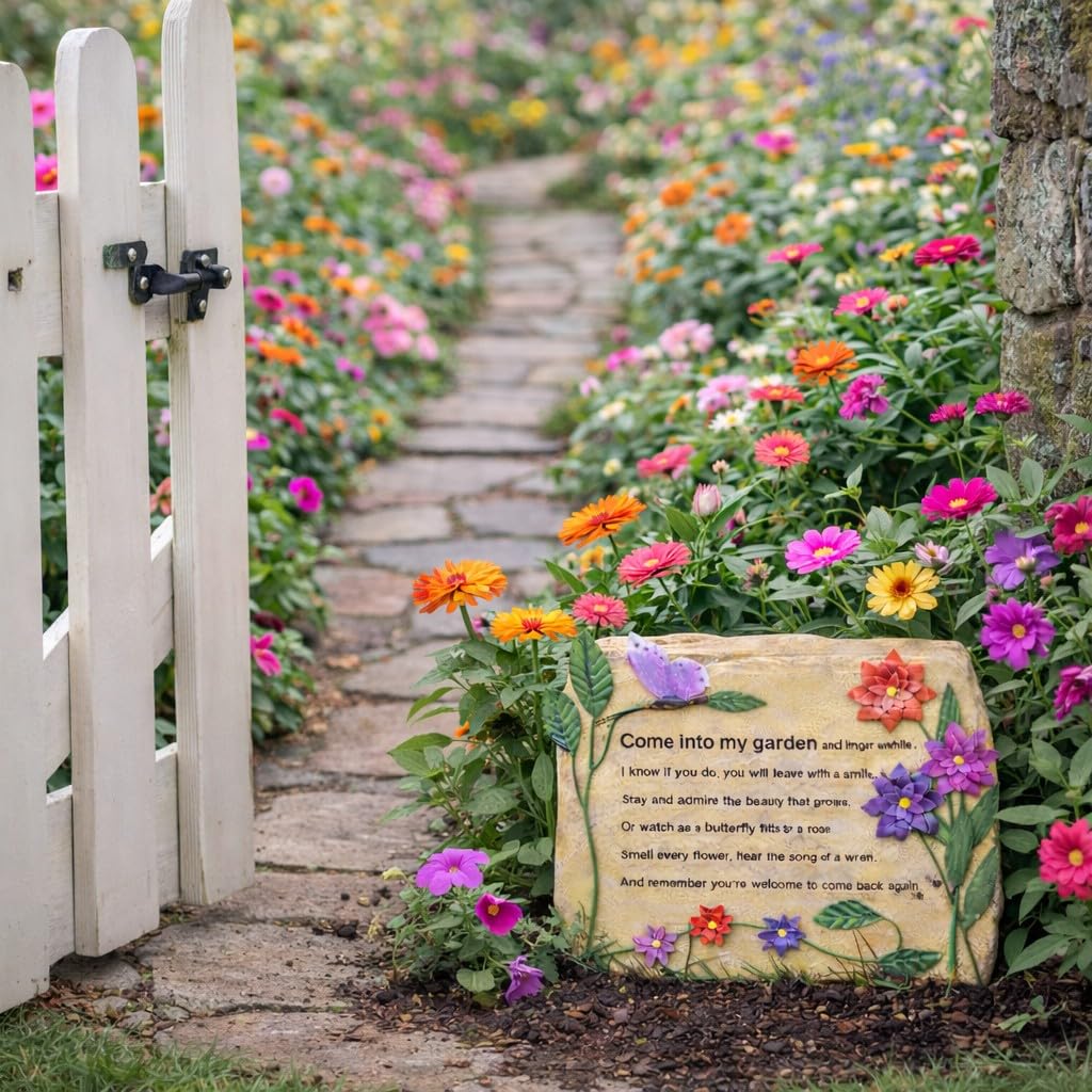 BANBERRY DESIGNS Garden Décor Decorative Rock – “Come Into My Garden” Engraved Stone with Butterfly & Floral Design – Outdoor Garden Decoration, Memorial Garden Accent, Yard Art – 9.5" x 8.5"