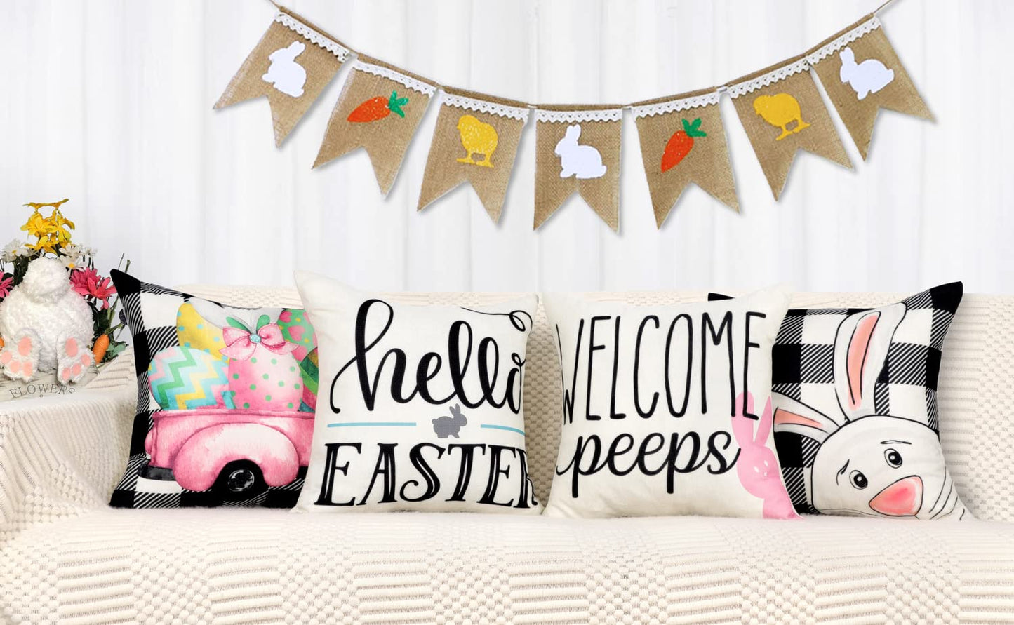 4TH Emotion Easter Pillow Covers 18x18 Set of 4 Easter Decorations for Spring Farmhouse Pillows Easter Decorative Throw Pillows Buffalo Plaid Bunny Eggs Throw Cushion Case for Home Decor TH086-18