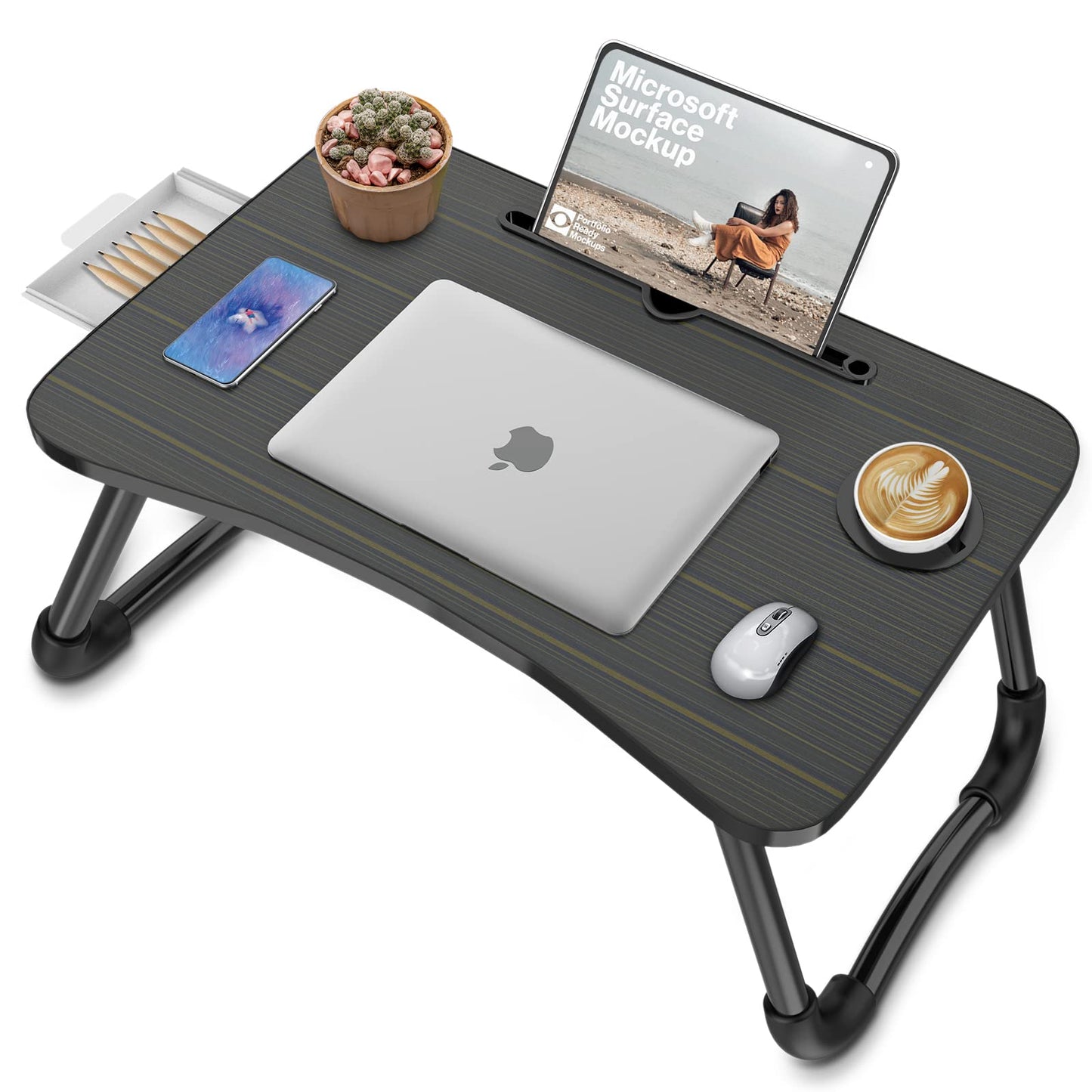 Zapuno Foldable Laptop Bed Table Multi-Function Lap Serving Tray Dining Table with Storage Drawer and Water Bottle Holder, Slot for Eating, Working on Couch/Sofa (Arc Shape)