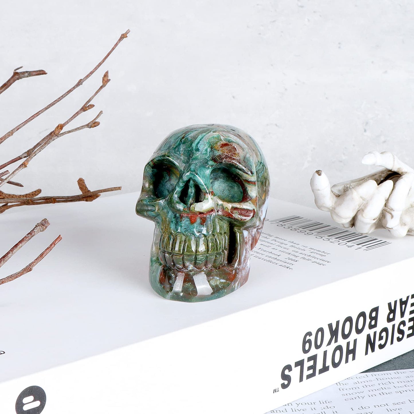 LEADGEM 3.0" Ocean Jasper Crystal Skull Head Decor Figurine Healing Stone Carved Sugar Skull Stutue Sculpture Ornament for Day of Dead Decorations Home Office