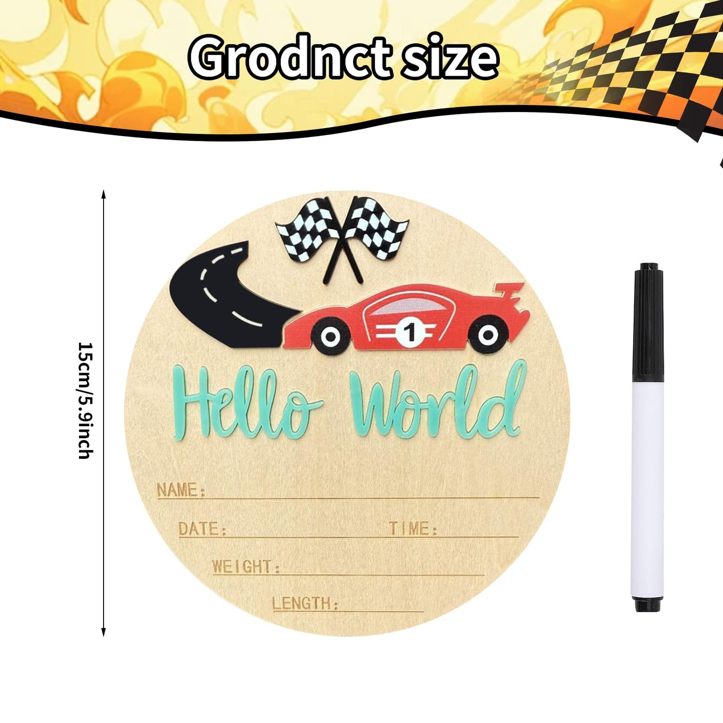 Baby Announcement Sign, 5.9 Inch Wooden Hello World Newborn Sign,Welcome Baby Signs,Birth Announcement Signs,Newborn Name Personalized for Photo Prop race car Design Hospital Nursery (Green,Red car)
