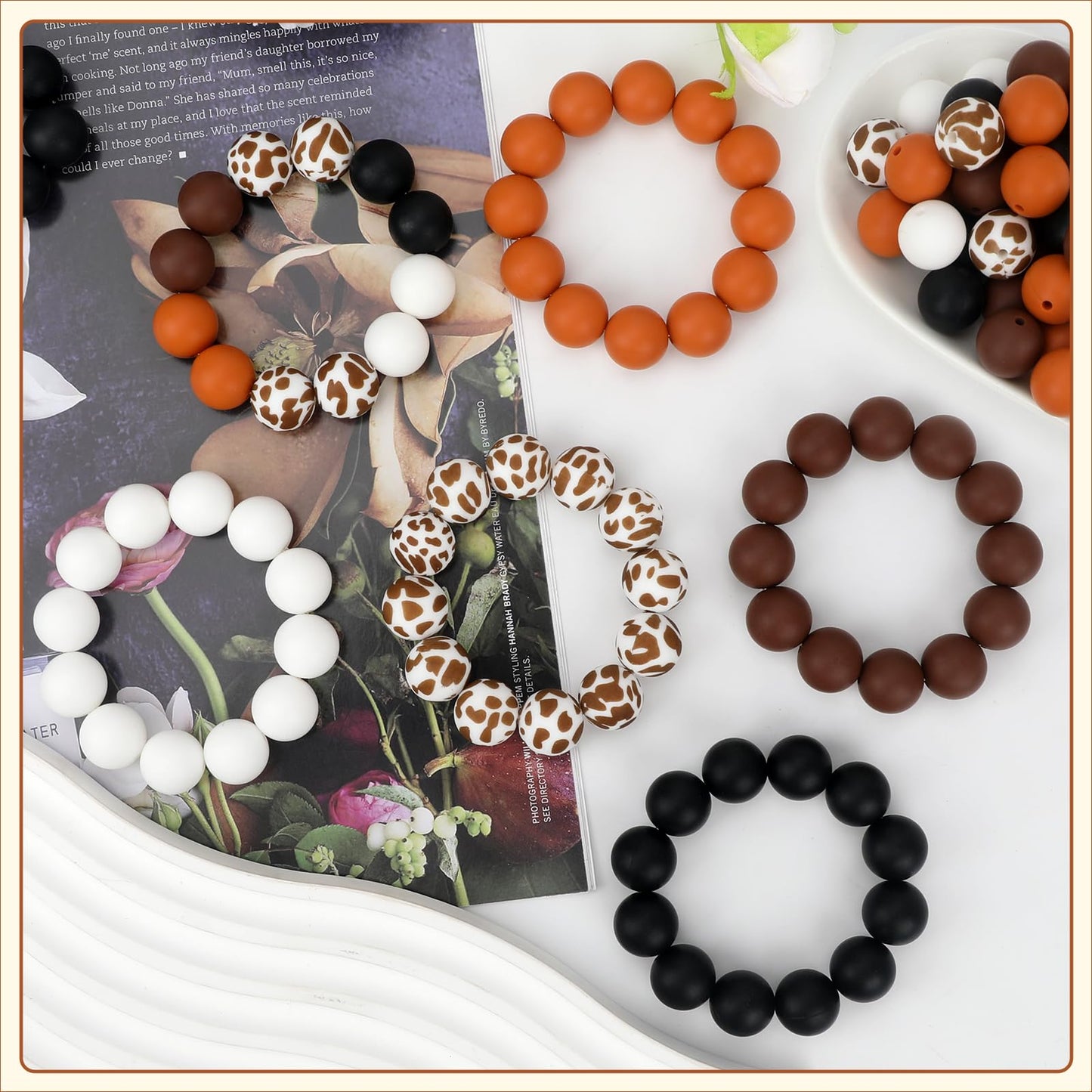 SALUOKE 100 Pcs 15mm Silicone Beads for Keychain Making, Pink Gream Silicone Beads Bulk Round for Bracelets Pens Crafts Jewelry Making (Brown White)