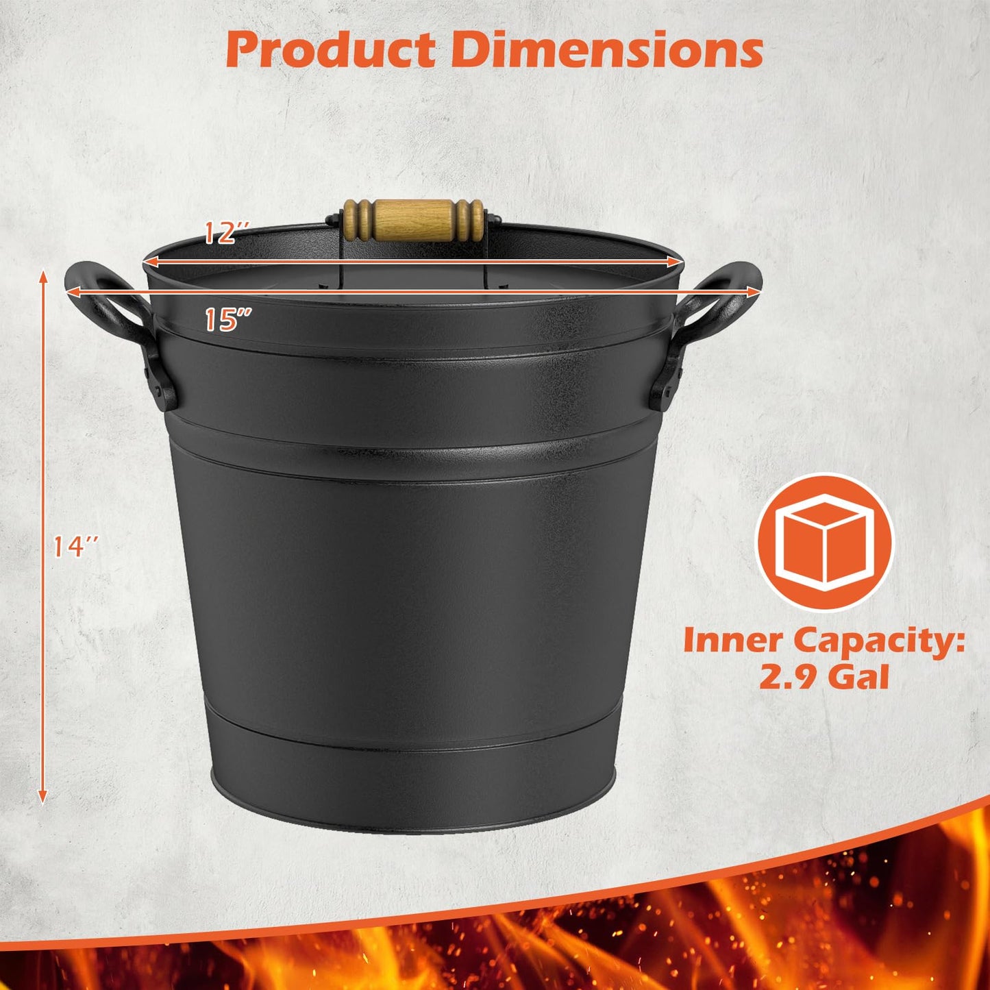 Tangkula 3 Gallon Ash Bucket with Lid, Galvanized Metal Coal Ash Cleaning Can w/Mango Wood Handle & Dual Side Handles, Indoor & Outdoor Fireplace Tool Ash Pail for Fire Pits Wood Burning Stoves