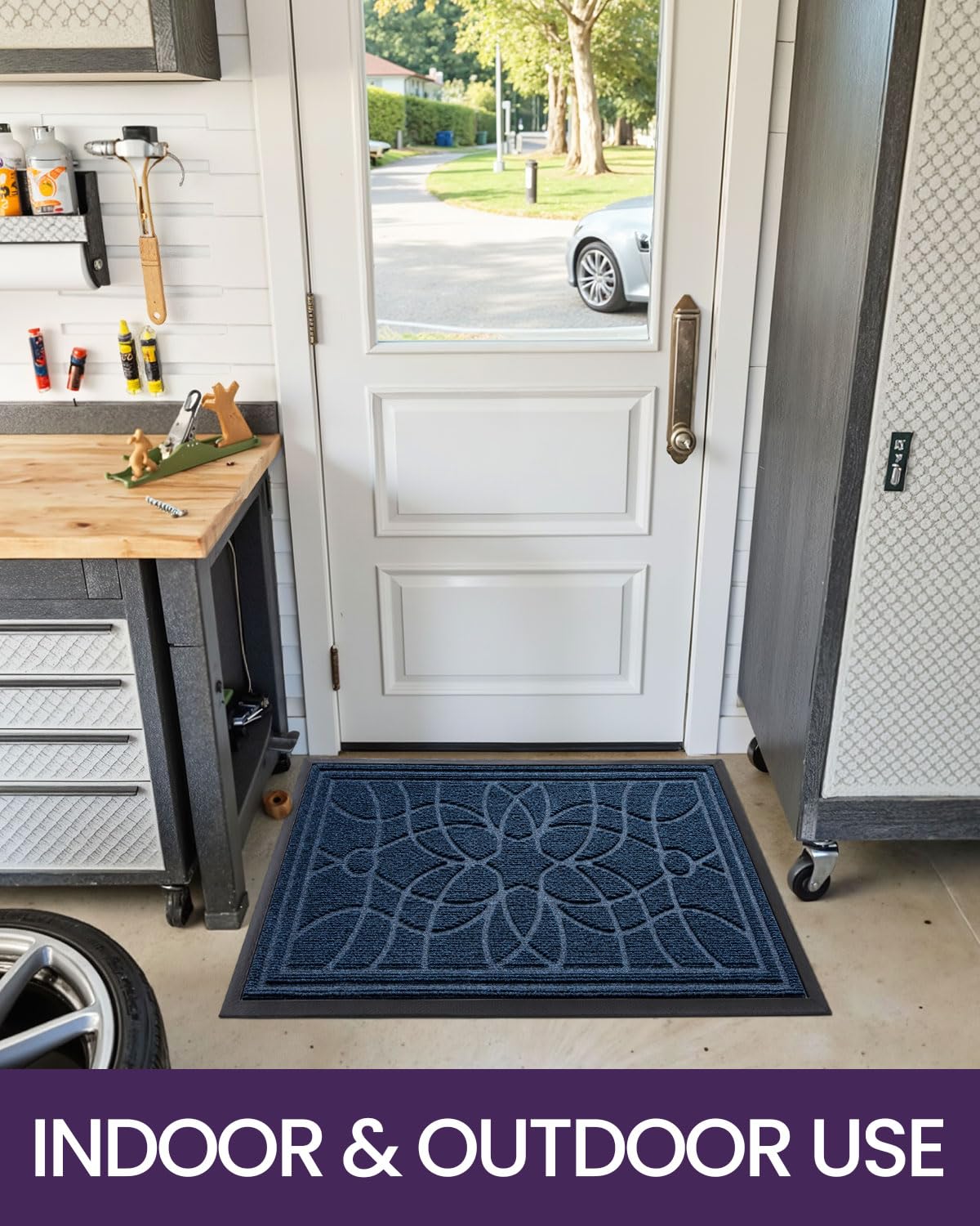 DEXI Front Door Mat Outside Entrance, Heavy Duty Non Slip Low Profile Doormat for Entryway, Trap Dirt and Moisture Welcome Mats, Easy Clean, Patio, Garage, 3x2, Blue