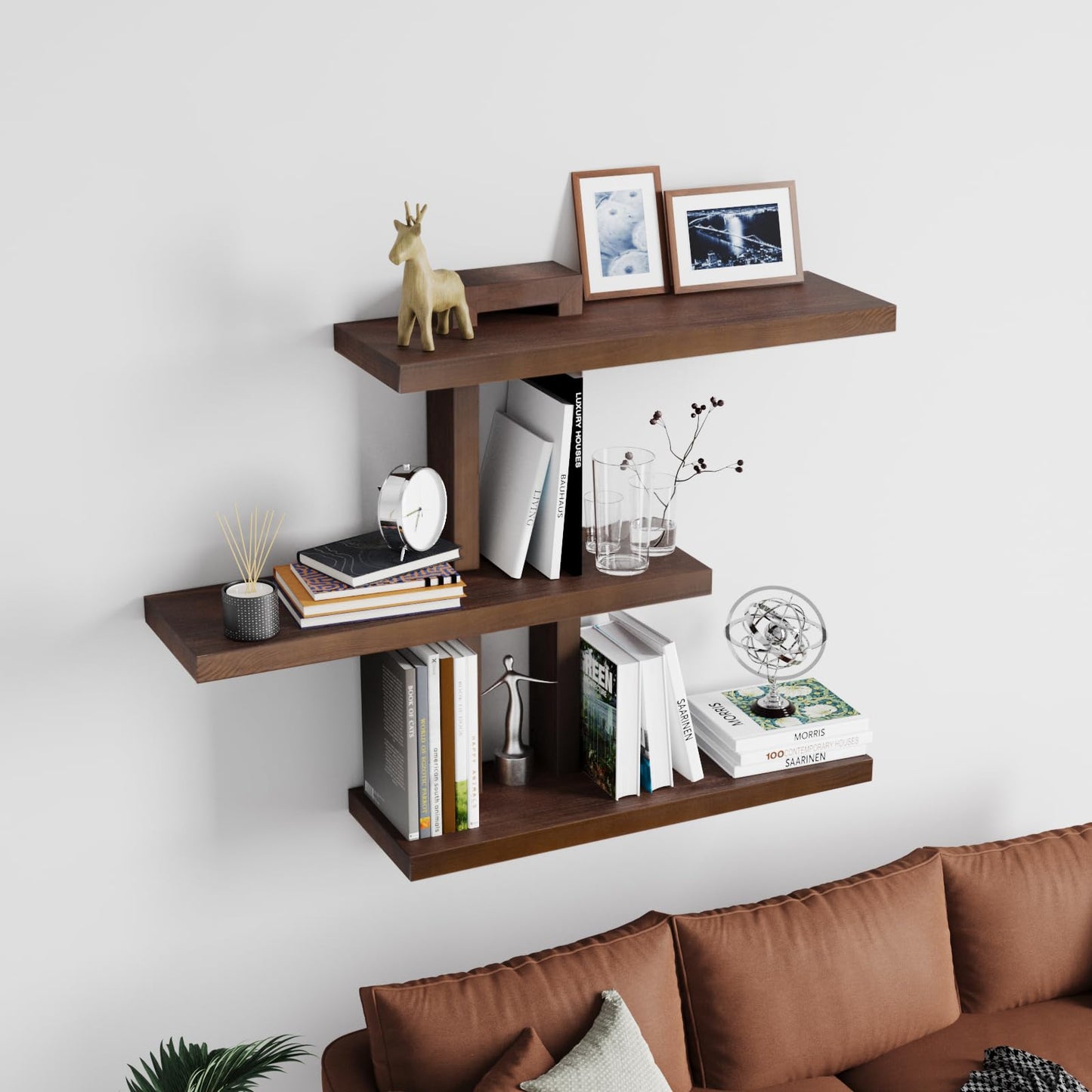 yaqew Variable Wood Floating Shelves Set of 3, Wall Cube Shelves 28.35" Max, Wall Shelves for Living Room Bathroom Bedroom - Light Walnut Color - 28.35" x 23" x 5.9" Max