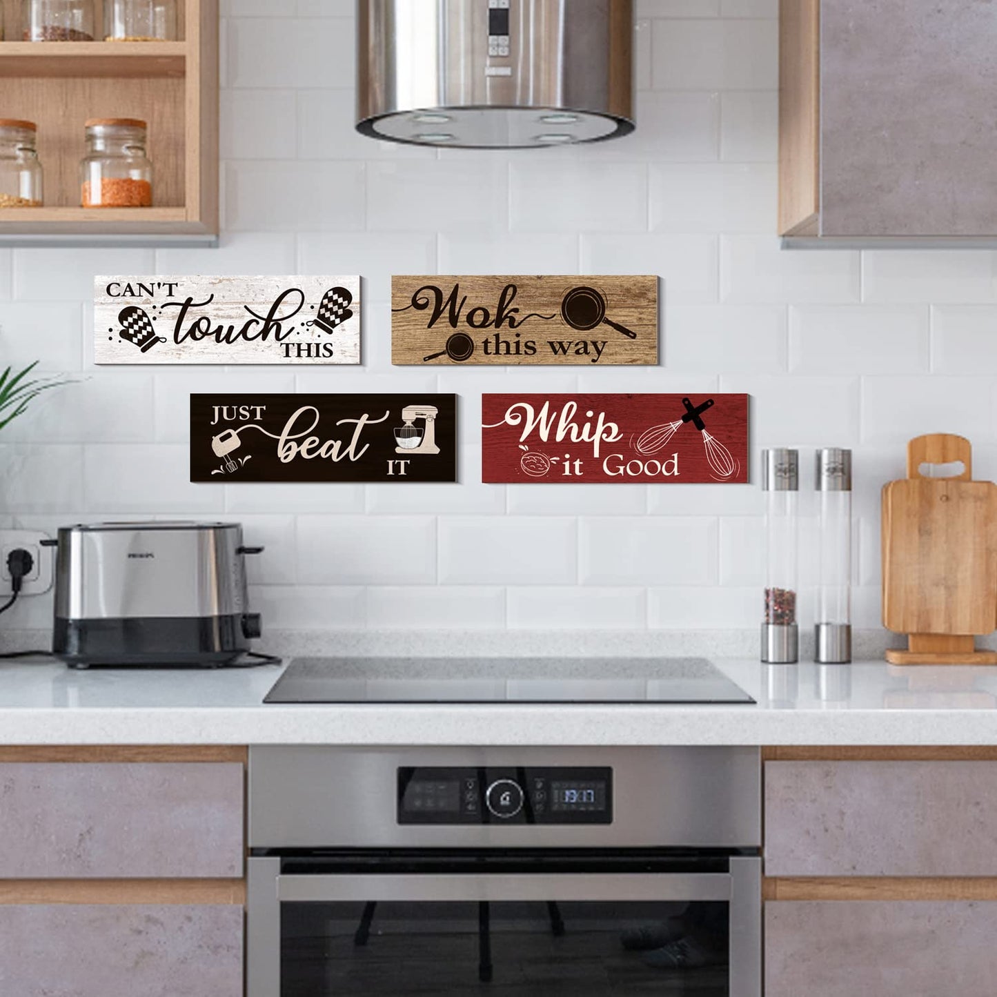 4 Pcs Kitchen Wall Decor Signs, Funny Wood Home Sign, Rustic Farmhouse Wall Hanging Art for Kitchen Dining Room Decoration (Retro Style-A, 4 x 11.8 inch x 4pcs)