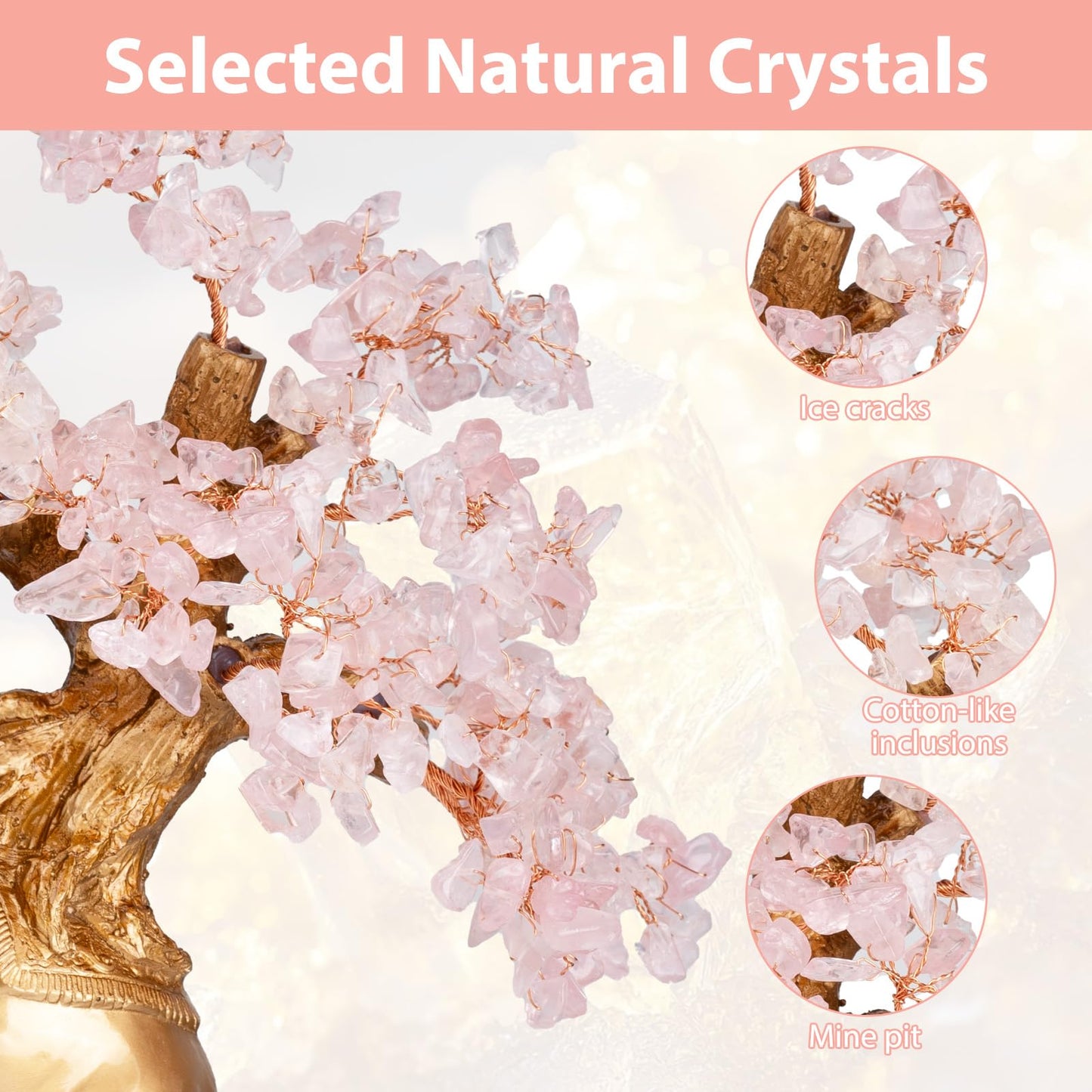 GEMBOURY Rose Quartz Crystal Money Tree on Gold Mini Elephant Statue, 10”Gemstone Bonsai Tree of Life Home Décor Gifts for Wealth Positive Energy, Feng Shui Décor