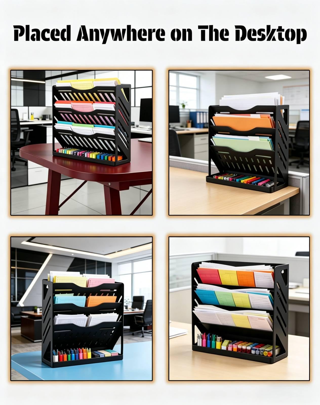 Yuxh 13 inch Clamp Desk File Organizer 4 Tier Wall Mail Holder Multi-mount Hanging Paper Rack Stable without Shaking Office Bills Storage with Bottom Tray, Clip on Table Vertical Folder Shelf