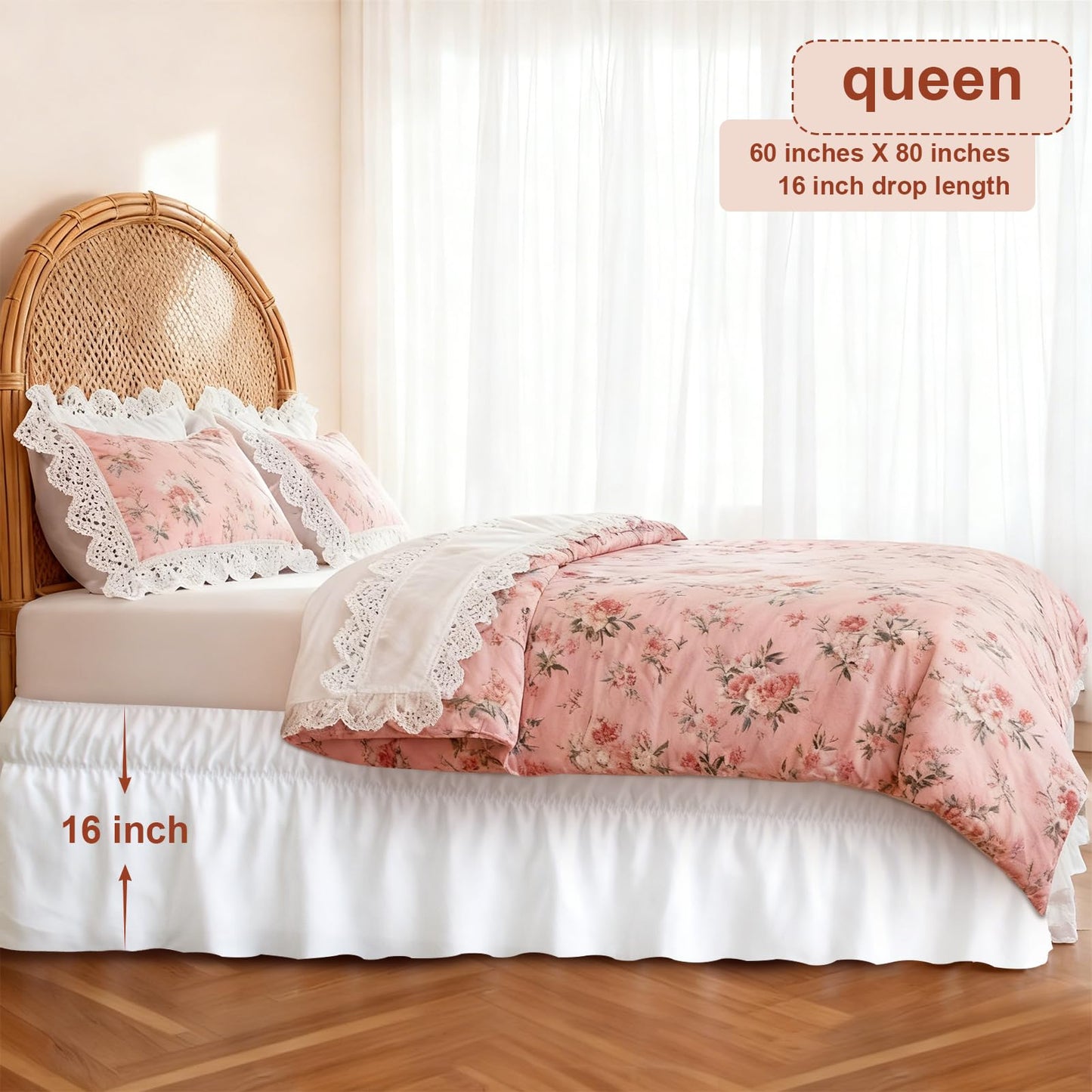 SPRINGSPIRIT Queen Bed Skirt with Elastic Strap, Ruffle Bed Skirting with 16 inch Drop, Wrinkele Free, Machine Washable, Hotel Quality, White