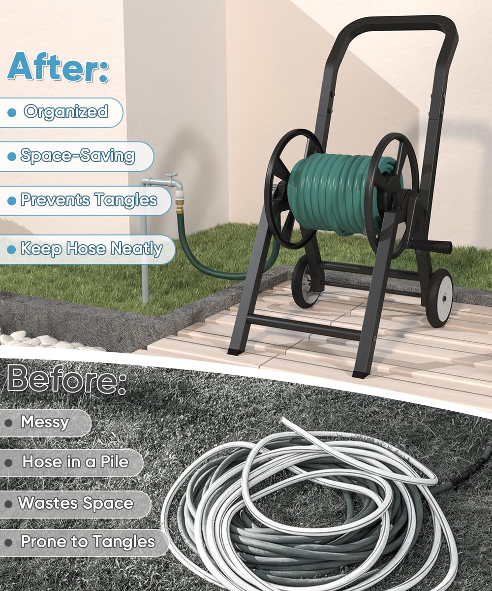 Artigarden Garden Hose Reel Cart with Wheels, Holds 165 ft of 5/8’’ Hose Outdoor Heavy Duty Powder-coated Steel Water Storage Holder Rack with 3.9 Ft Leader Hose for Outside Lawn Yard, Black