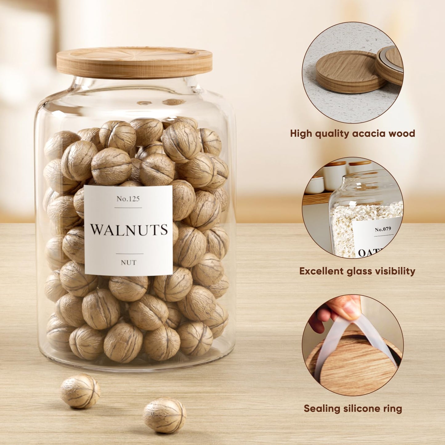Yirilan 2 PCS Flour Sugar Storage Containers Glass Jar, 4000ml/1 Gallon/4.2 Qt/135oz,Large Glass Food Storage Jars with Wood Airtight Lids,for Tea,Spice,Cereal Rice Flour Pasta Sugar