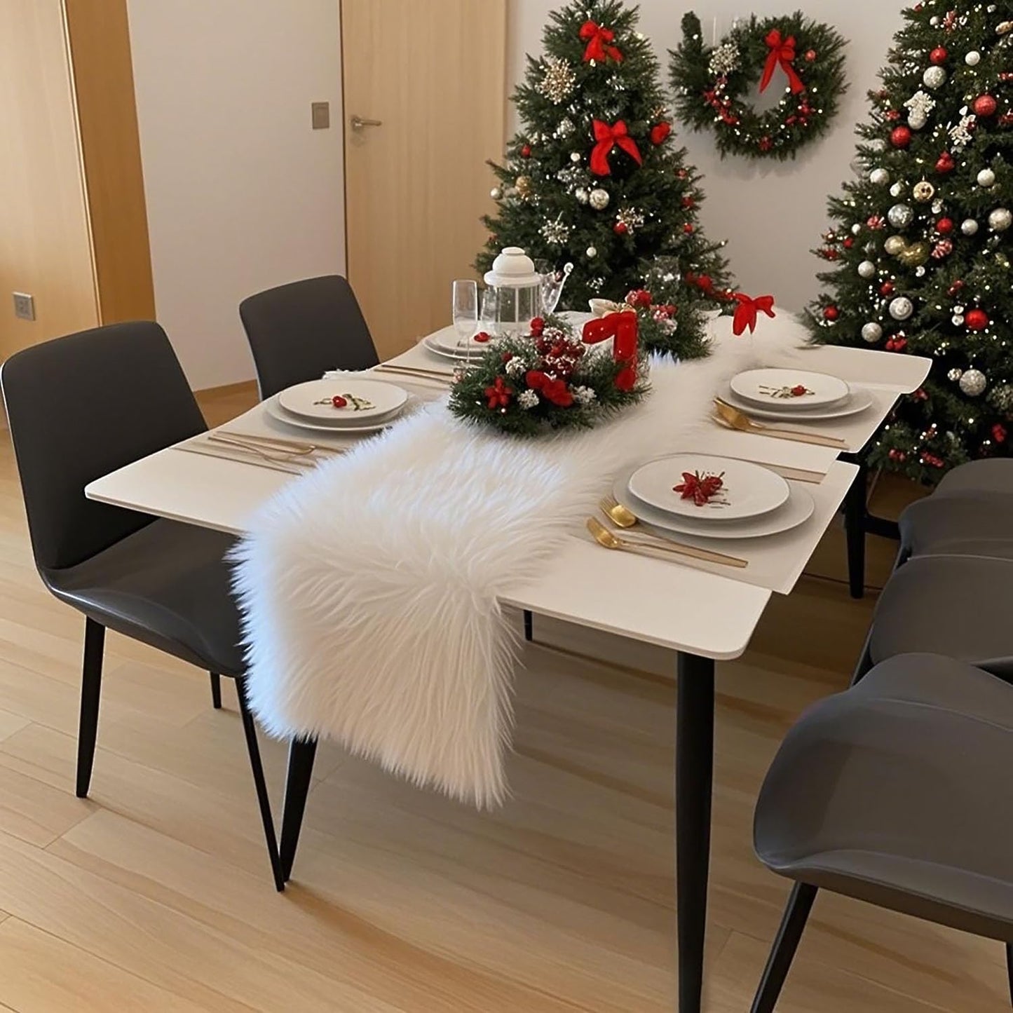 Table Runner,Christmas Fur Table Runner for Party Birthday Friendsgiving Wedding Dinning White Fur Table,Faux Fur Runner for Table(White, 12x60 Inch)