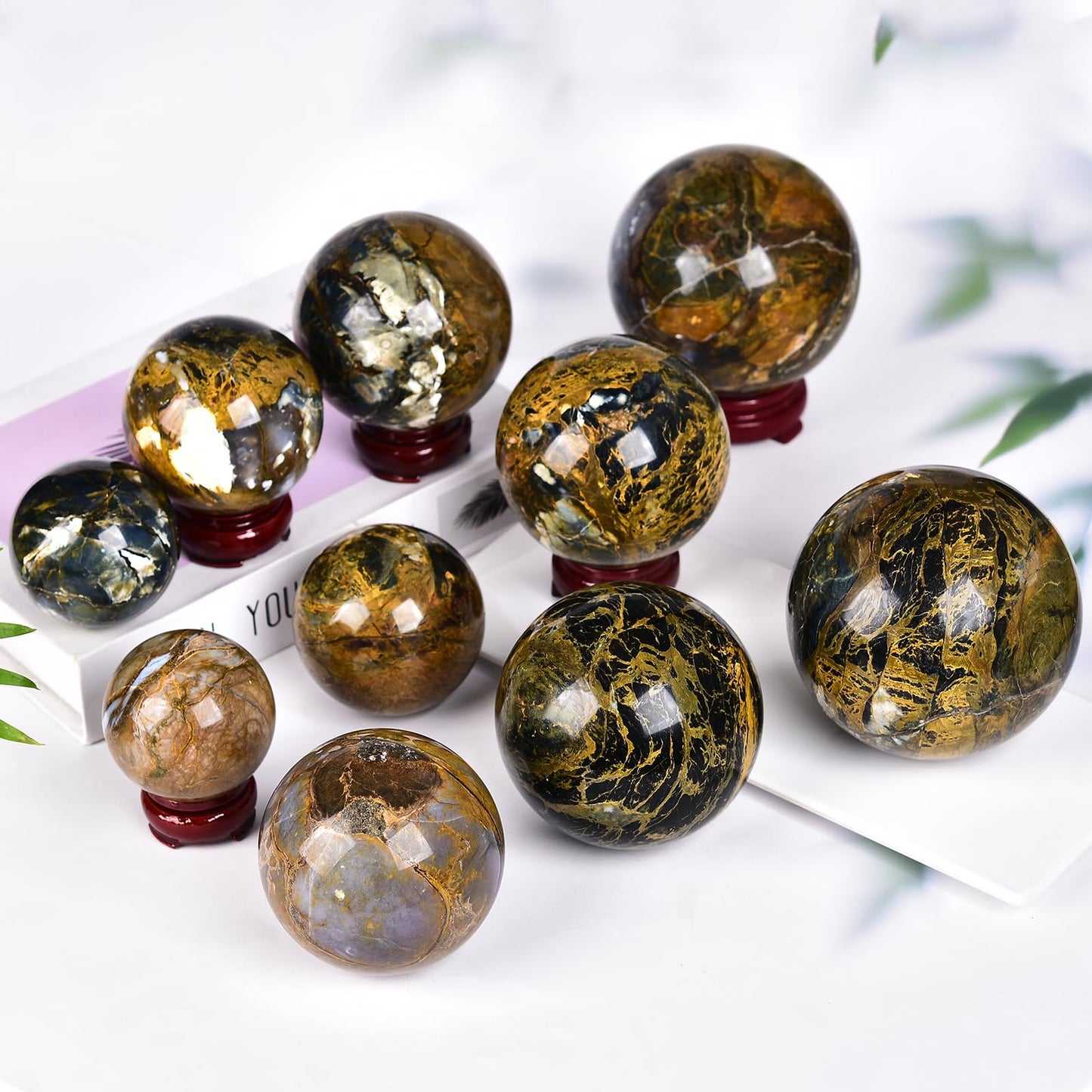 JIC Gem Pietersite Crystal Sphere with Wooden Stand,Decorative Crystal Ball Blues and Golden Browns Gemstone Sphere for Meditation,Feng Shui,Witch-Style Decor,Office Table Decorations 70-80mm