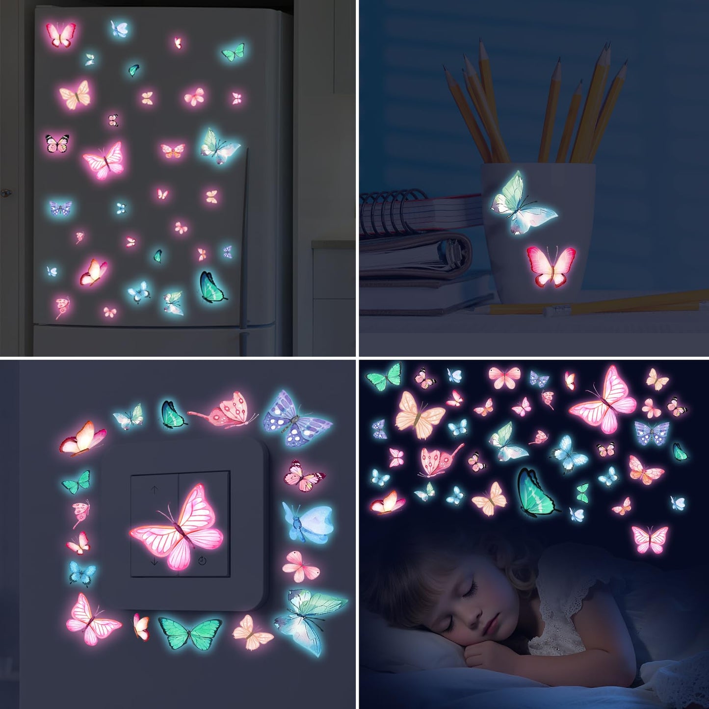 128 Stickers/6 Pieces Wall Decals for Girls Bedroom,Glow in the Dark Stickers,Butterfly Wall Decals - Blue & Pink Glowing Decor for Bedroom, Party Decor, Kids Room,Living Room(Detachable)