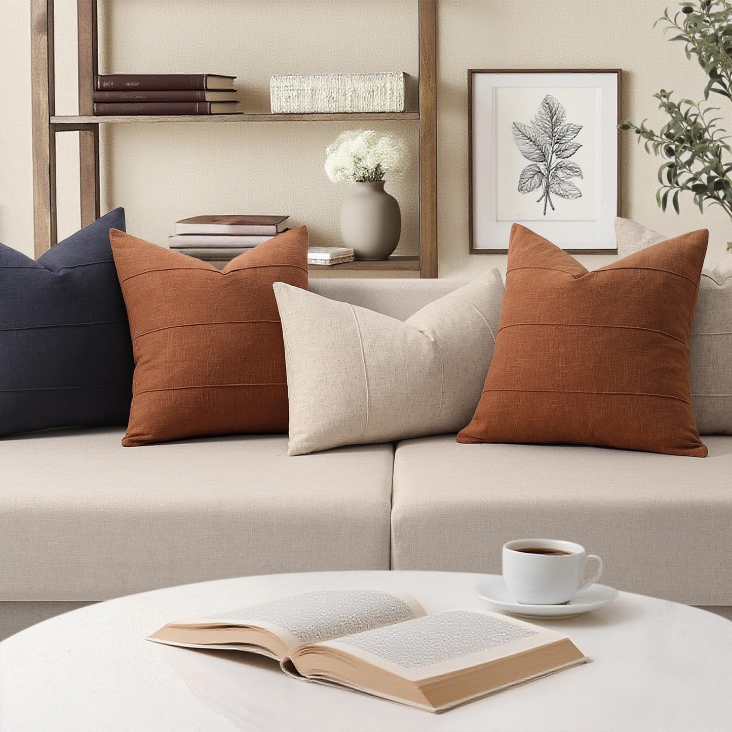 Decorative Linen Throw Fall Pillow Covers 18x18 Set of 2 Solid handcrafted Striped Cushion Covers for Bed Soft Modern Farmhouse Neutral Pillowcase for Couch Bedroom Living Room Home Fall Decor(Rust)