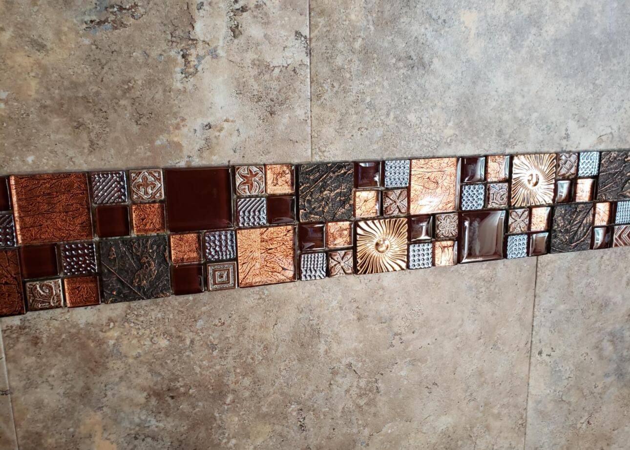 Blujellyfish Red Wine Colors Glass Tile 2'' x 2'' Leaf Carving Imprints Antique Mosaics Textured Rose Gold Metal Kitchen Bathroom Walls Backsplash Tiles (Pack of 5 Square Feet)
