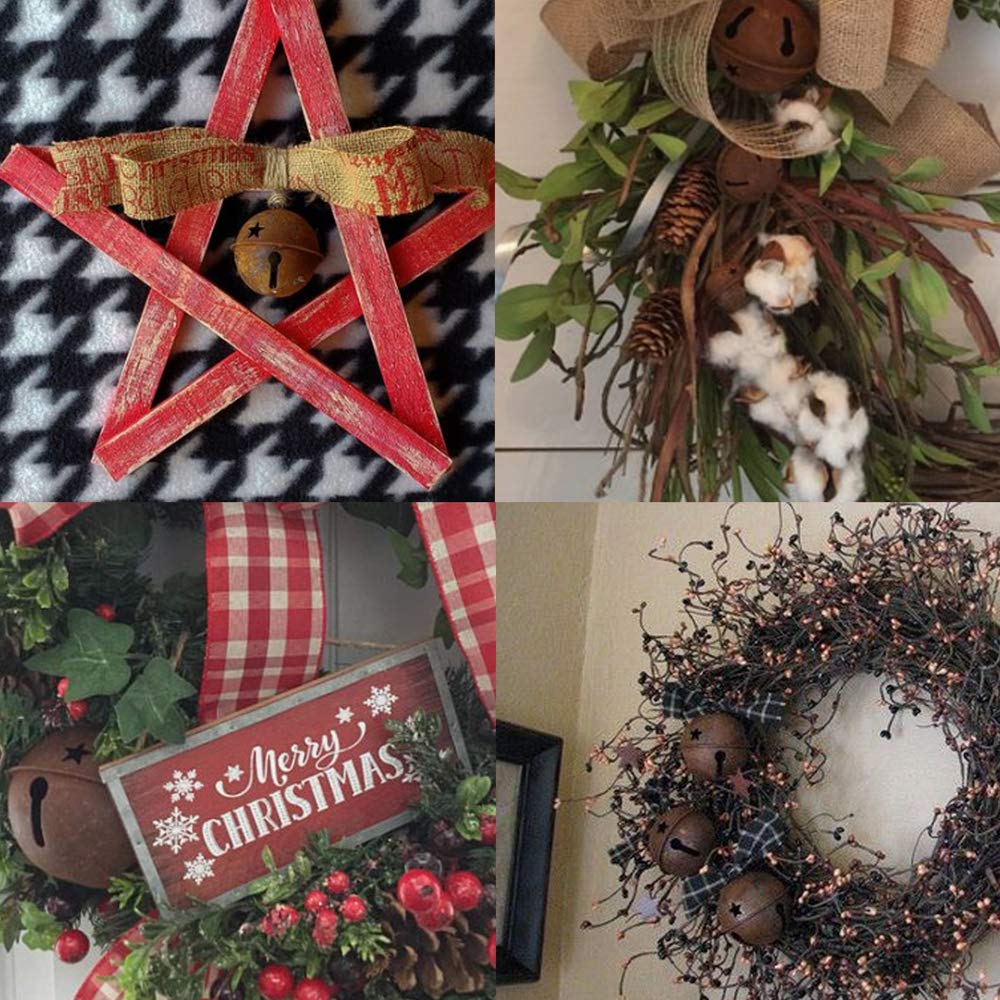 Winlyn 80 Pcs Rusty Metal Christmas Sleigh Bells Jingle Bells Rustic Craft Bell 1-1/2" and Dimensional Mini Rusted Metal Barn Stars with Jute Twine Plaid Ribbon for Christmas Tree Holiday Season Decor