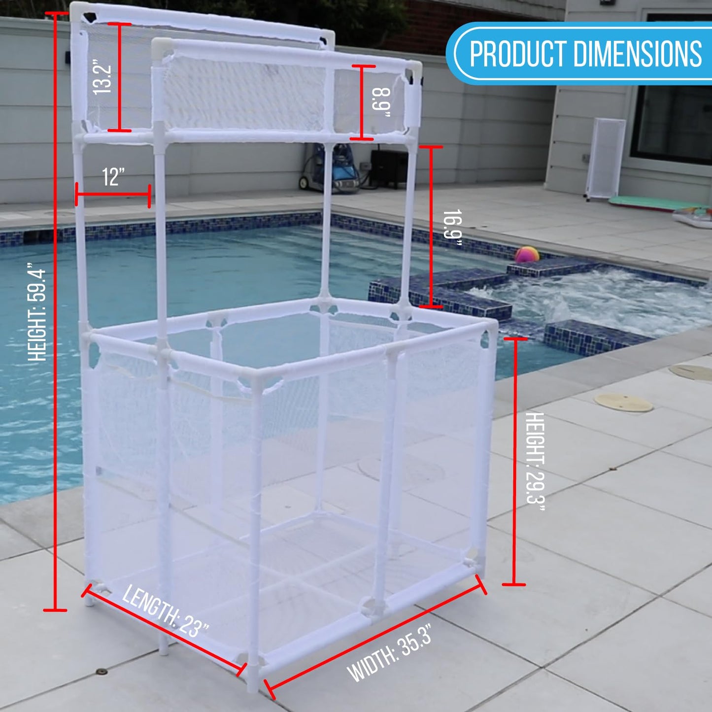 Essentially Yours Pool Storage Equipment Organizer Holder - Noodles, Toys, Balls and Floats Mesh Rolling Double Decker Bin, Large with Noodle Holder, (35.3" W x 23" L x 59.4" H), White Style 561935