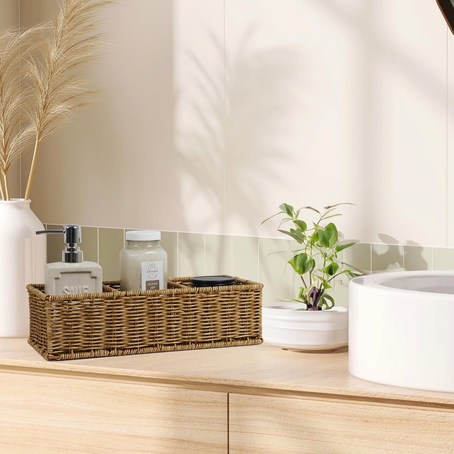 Waterproof Wicker Basket With 3 Compartments, Hand Woven Bathroom Counter Organizer, Small Storage Basket for Toilet Paper Storage, Countertop Shelf Toilet Tank (Light Brown)