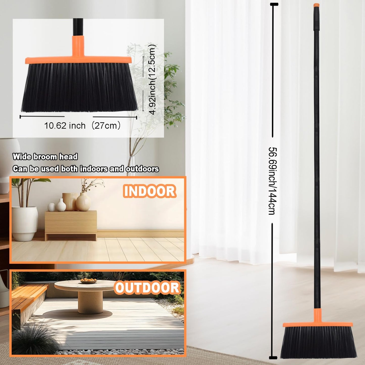 BSMstone Small Broom Stiff Bristles Brush with Long Handle Indoor or Outdoor Compact Broom for Sweeping Patio Garage Garden,Deck,Concrete Floor,Bathroom (Orange)