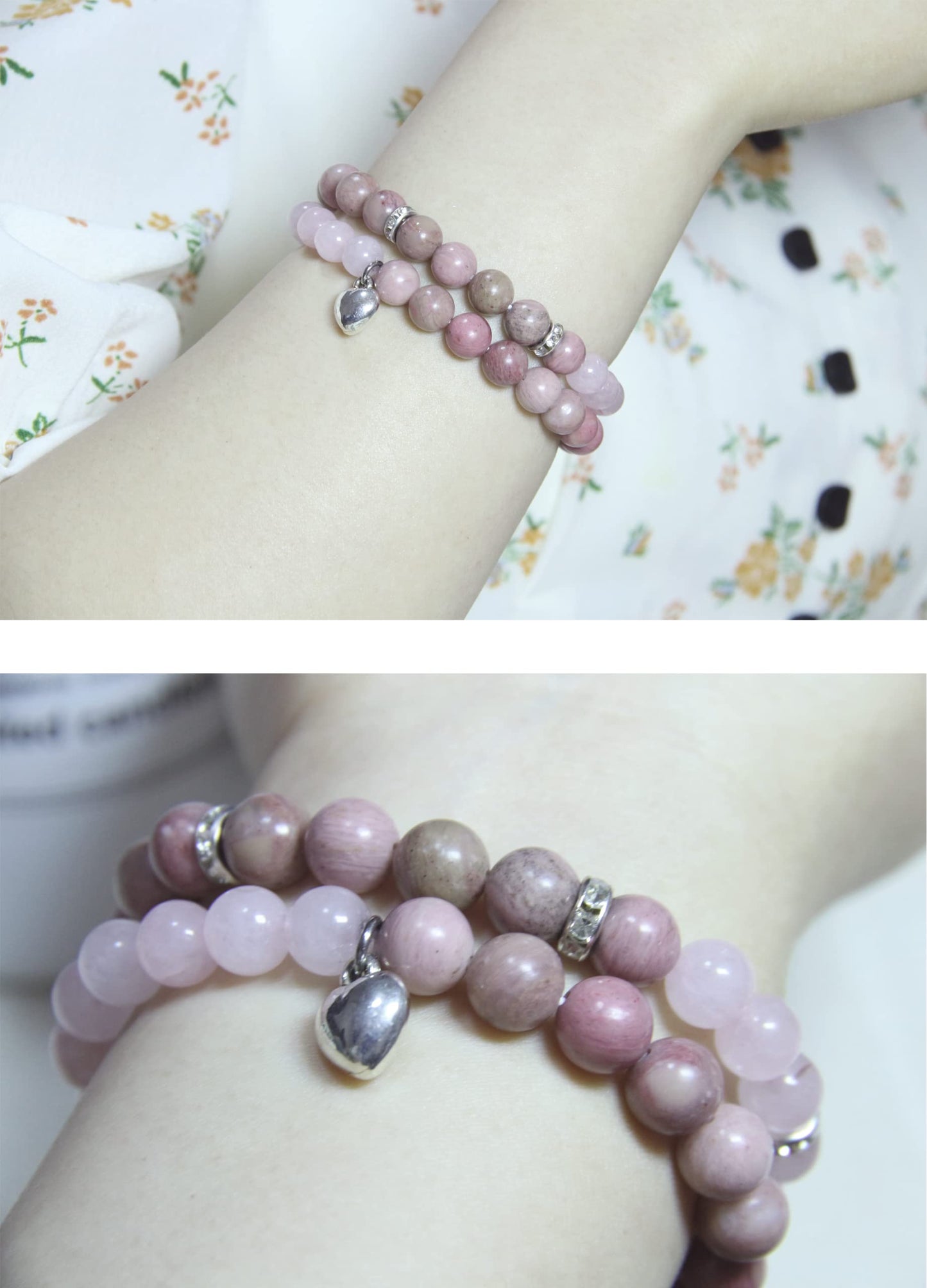 GDLKPYHS Healing Bracelets for Women - Rose Quartz & Rhodonite Bracelet - Healing Prayers Crystal Bracelet, 8mm Natural Stone Stress Relief Yoga Beads Get Well Soon Gifts