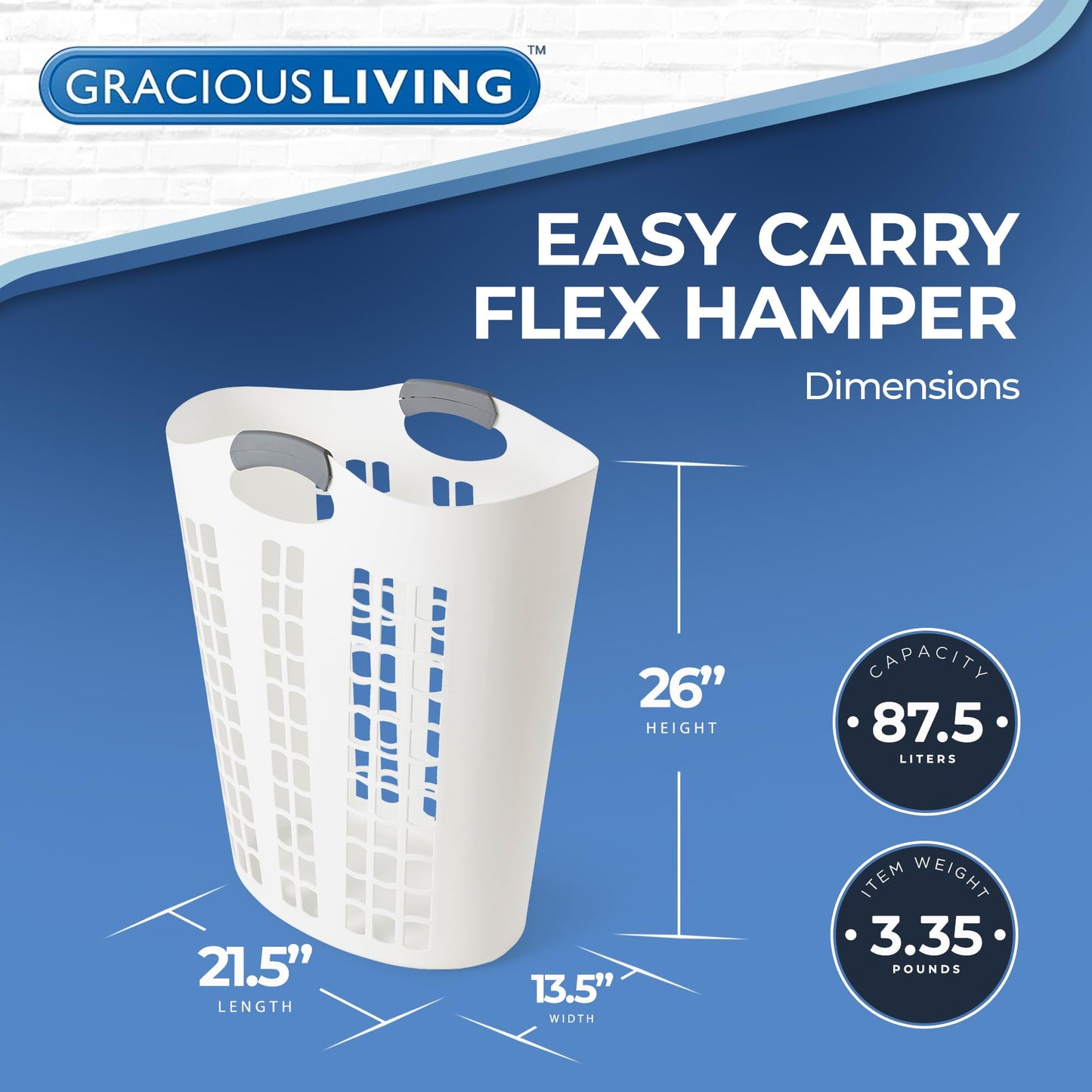Gracious Living Laundry Basket, Easy Carry Flex Collapsible Hamper, 87.5 Liters, White - Large Plastic Clothes Storage Organizer for Home, Bathroom, and Bedroom