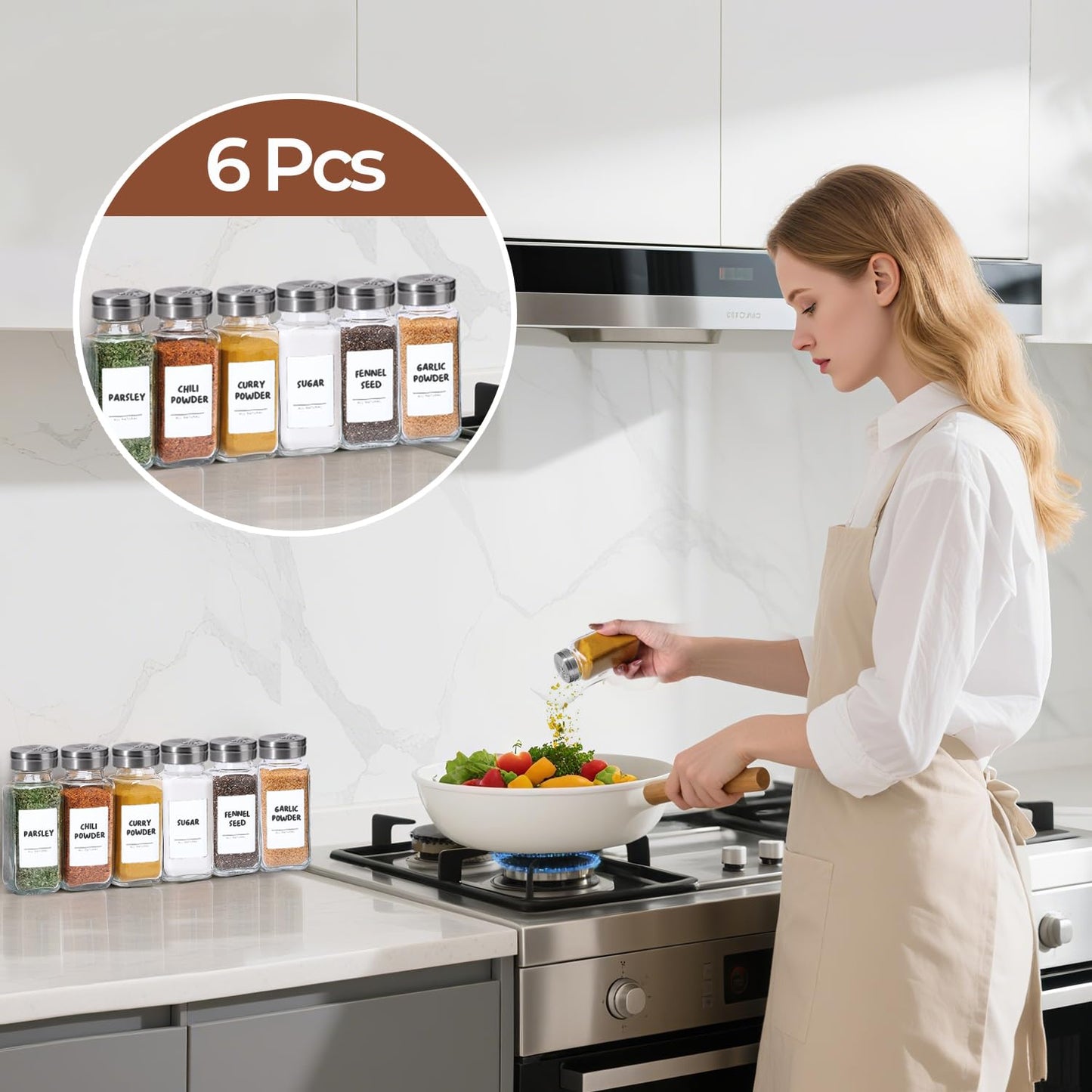 ComSaf Spice Jars with Shaker lids Adjustable, 8oz 6PCS,9 DIY Labels, Spice Jars Trial Set & Supplement Set, Empty Ingredient Containers and Square Ingredient Bottles for Kitchen and Seasoning