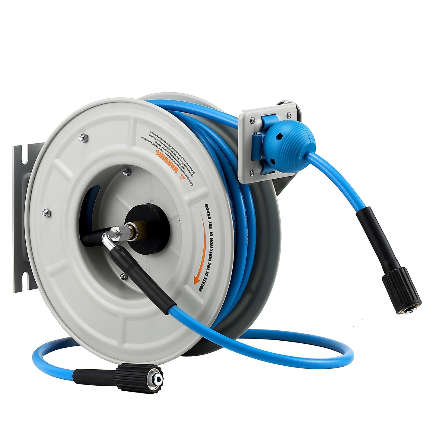 FIXFANS Pressure Washer Hose Reel with Hose, 1/4" × 60ft Retractable Power Washer Hose Reel, Heavy Duty Hose Reel Auto Rewind, Wall Mounted, 3600 PSI