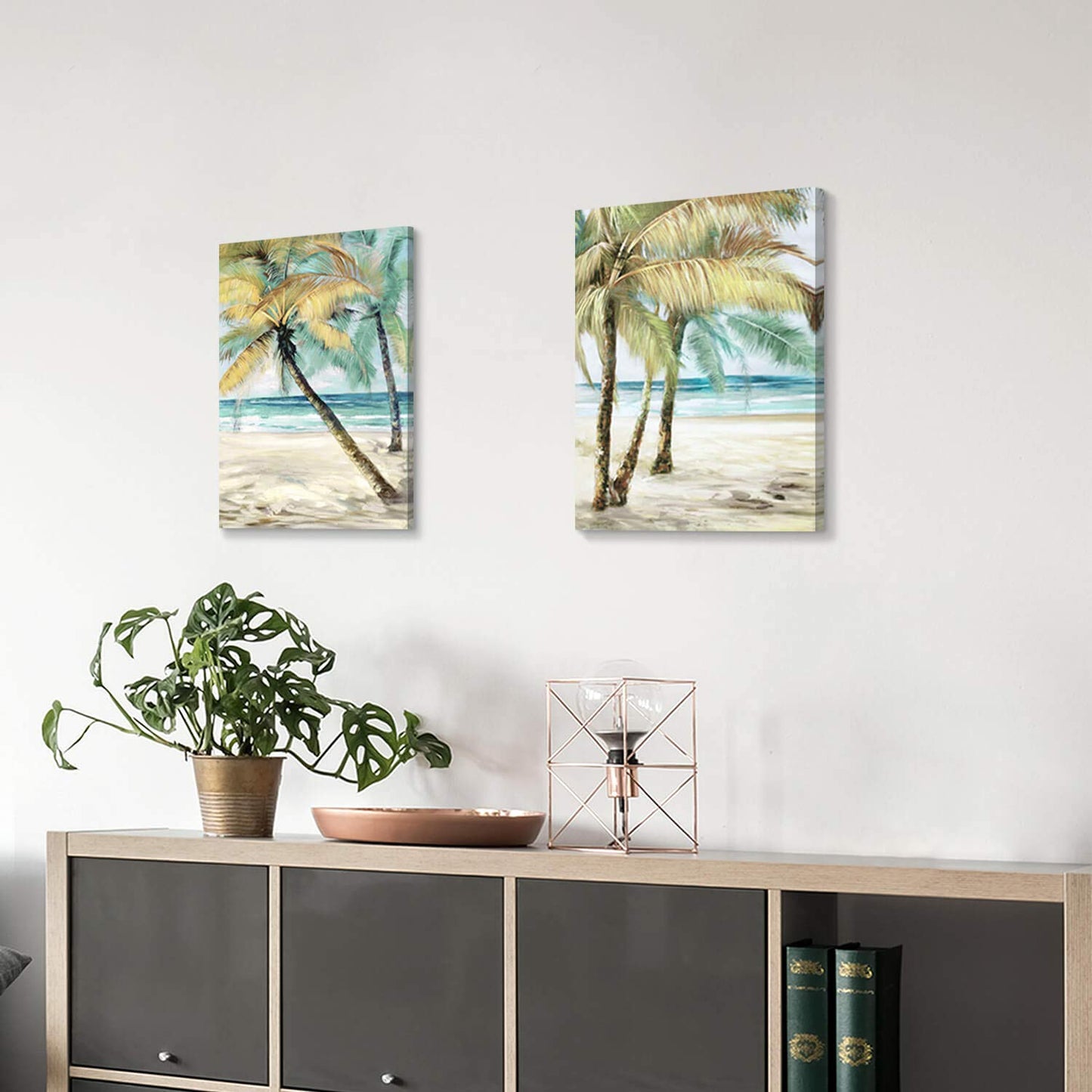 ARTISTIC PATH Beach Palm Trees Wall Art: Abstract Coastal Seascape Hand Painted Artwork Painting on Canvas Pictures for Living Room (11" W x 16" H x 2 PCS, Multi-Sized)