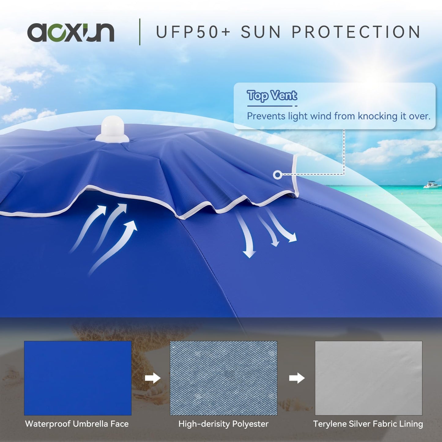 Aoxun Portable Umbrella with Stand, 6.5ft Sun Shade Umbrella with Stand, Lightweight Adjustable Standing with Sand Anchor and Carry Bag, Instant Sun Protection, Easy to Carry, Blue