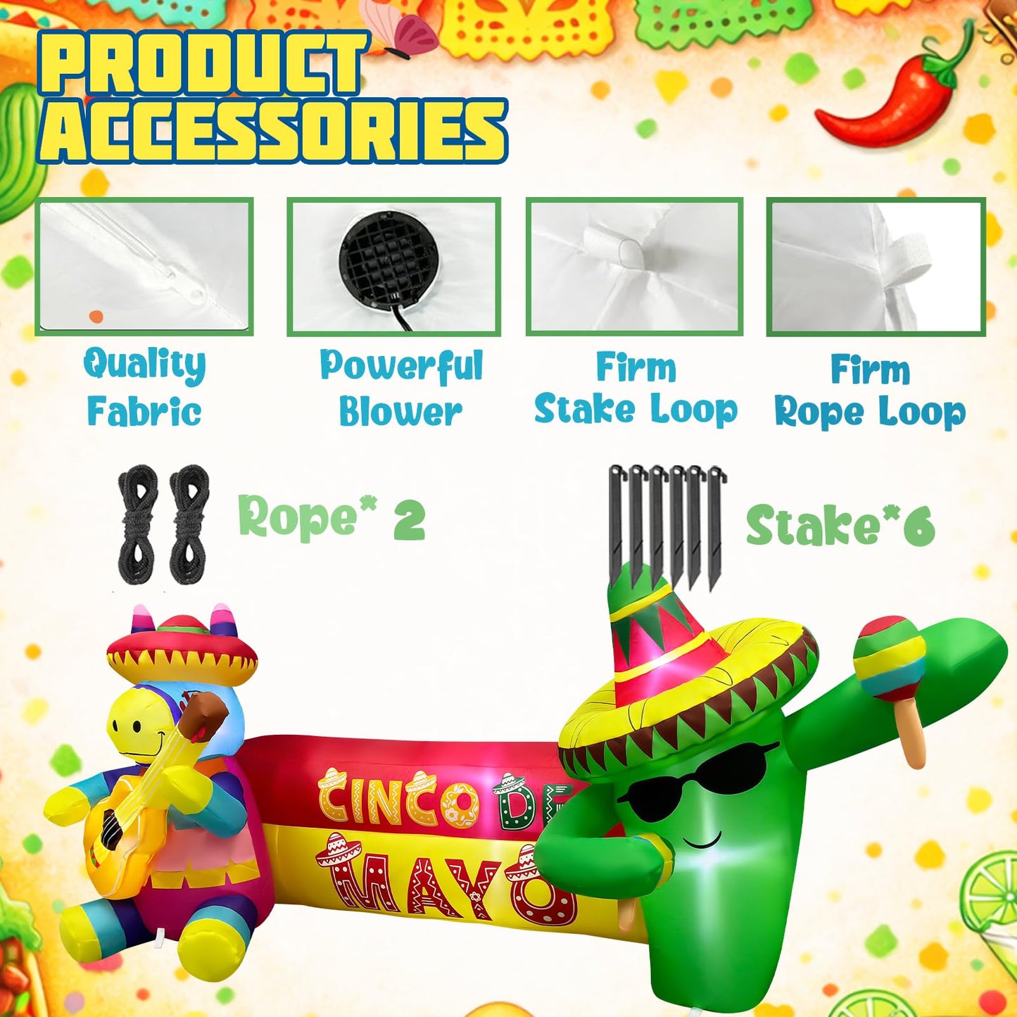 6.5FT Long Cinco De Mayo Inflatables Outdoor Decorations, Guitar Donkey & Maraca Cactus, Mexican Fiesta Blow Up Yard Decor for May 5 Taco Party, Lawn Garden Indoor Outdoor