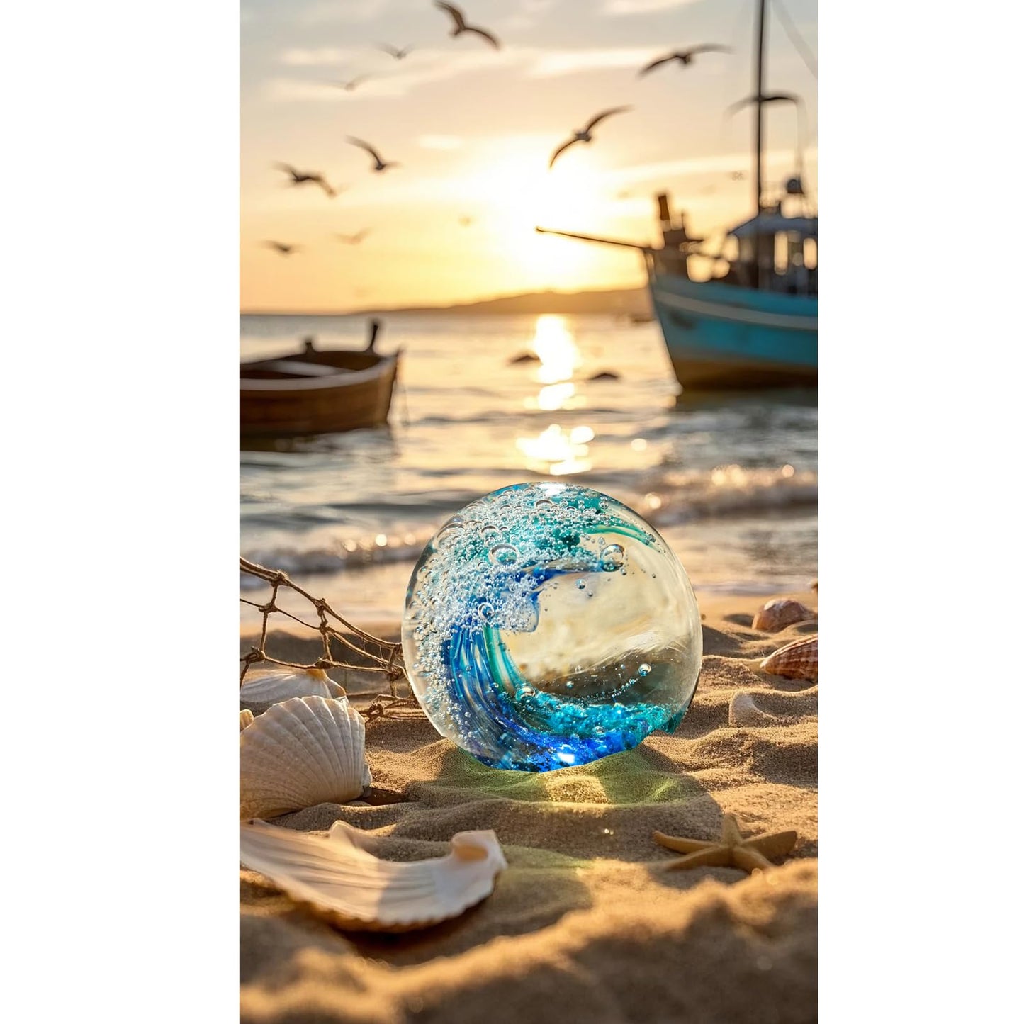 JUYOULE Hand Blown Ocean Wave Glass Ball :Unique Gift for Beach Lovers,Beach Decorations for Home, Sea Glass Paperweight for Coastal Room Decor, Aquarium & Ocean Themed Decorations