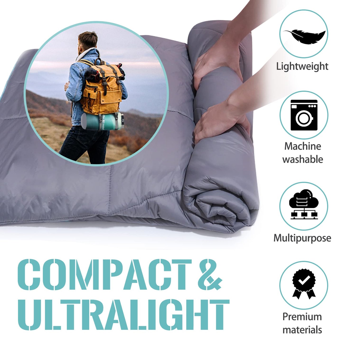 GLORSIGN Outdoor Puffy Camping Blanket, Lightweight Down Alternative Printed Large Ultra Warm Quilt Waterproof for Traveling Picnic Beach Party Cold Weather (Green Mountain)