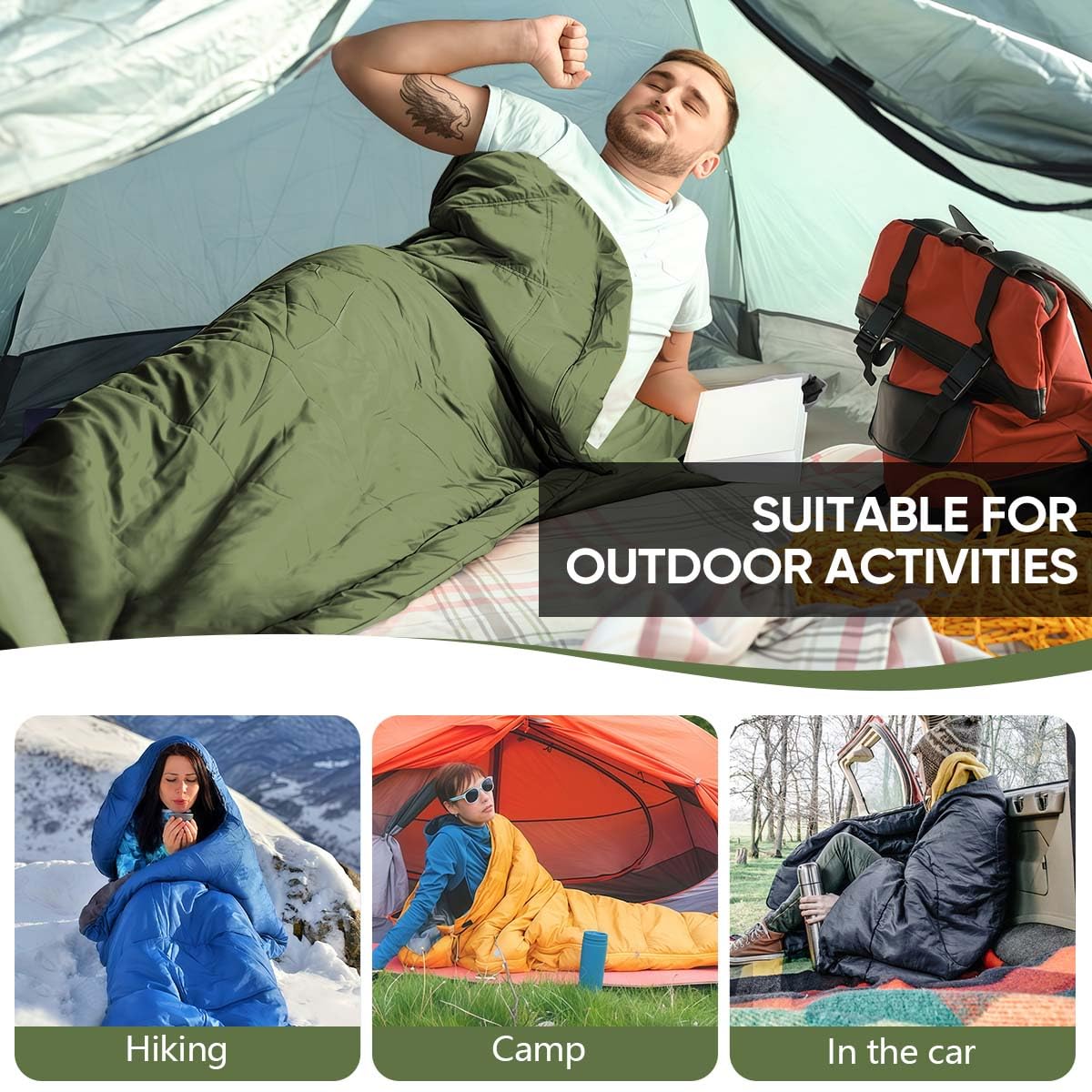 OBTANIM Sleeping Bags Portable Waterproof Camping Sleeping Bag for Adults Kids 4 Seasons Cold Weather or Warm Backpacking Hiking Travel Indoor Outdoor Use (Green)